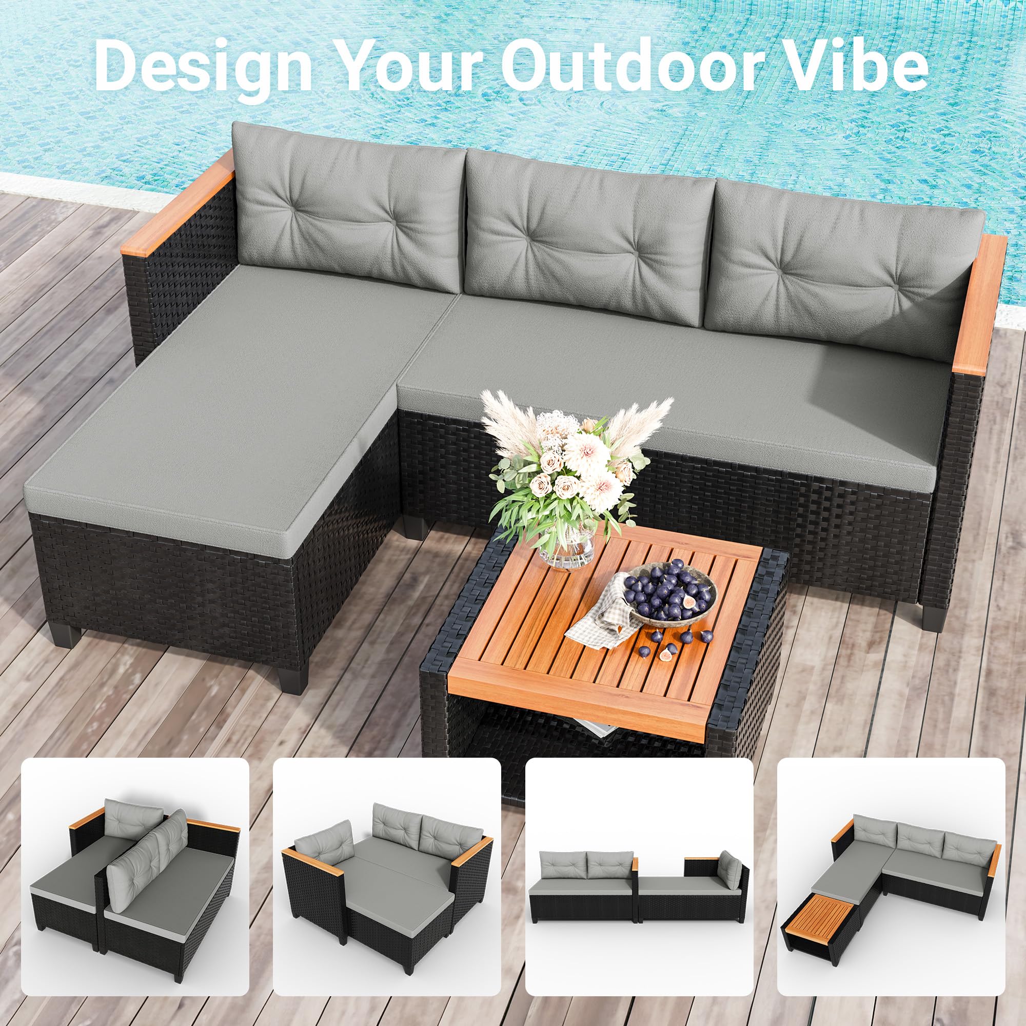 Small Patio Furniture Set - 3 Piece L-Shape Sectional Sofa with Storage Table