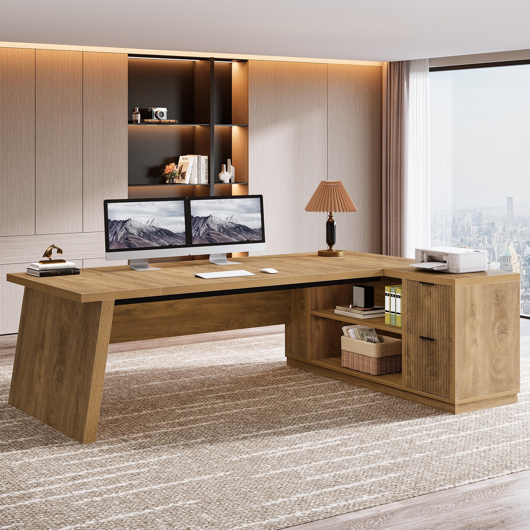 78" L-Shaped Executive Desk with Drawers and File Cabinet