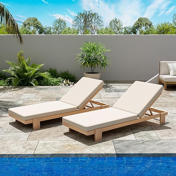 Acacia Wood Chaise Lounge Chair Set of 2 with Cushions