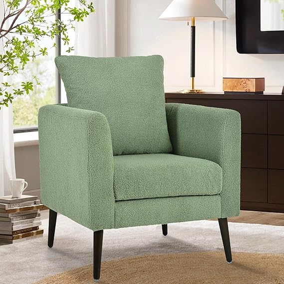 White Chenille Accent Chair with Wood Legs