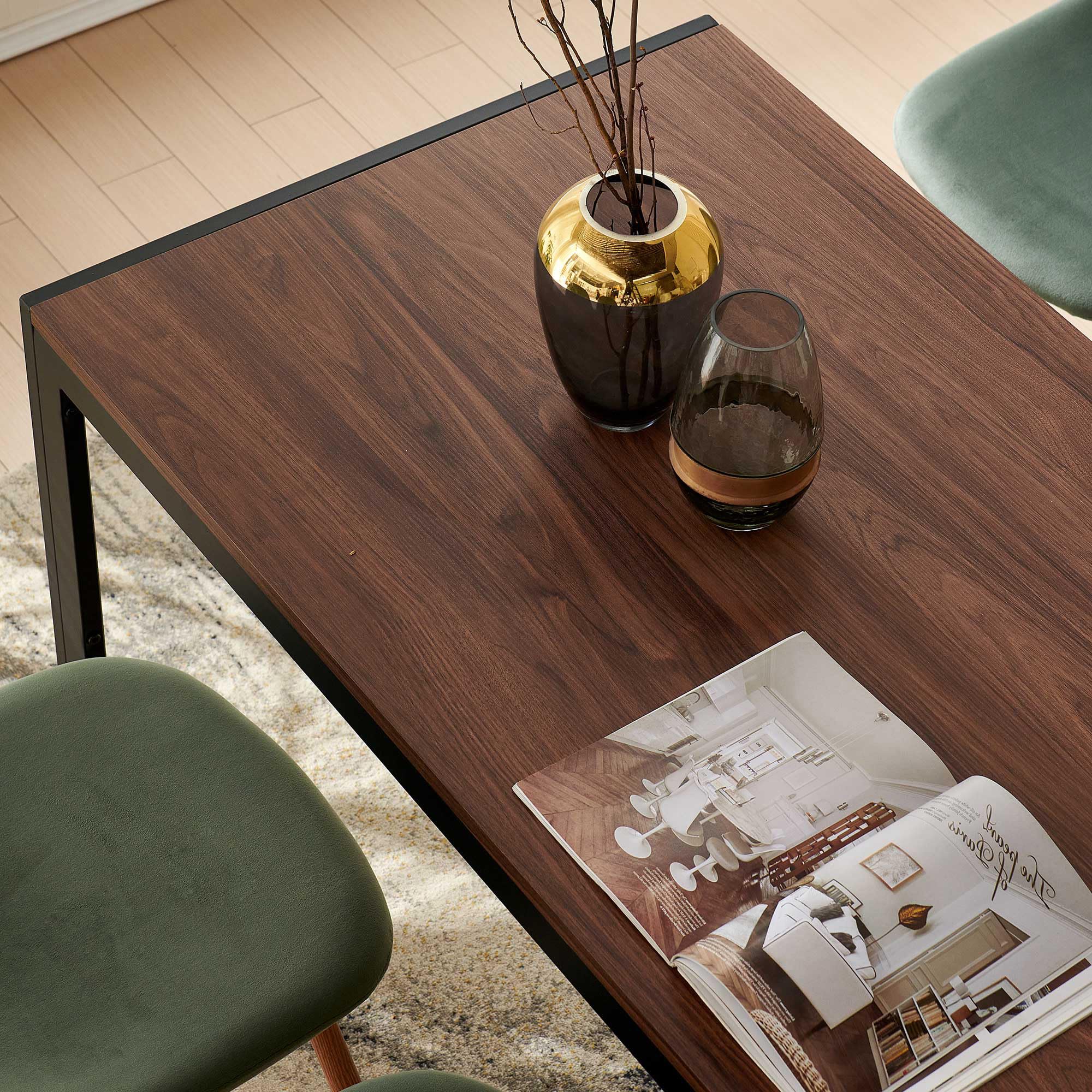 5-Piece Dining Table Set for 4 with Green Velvet Chairs