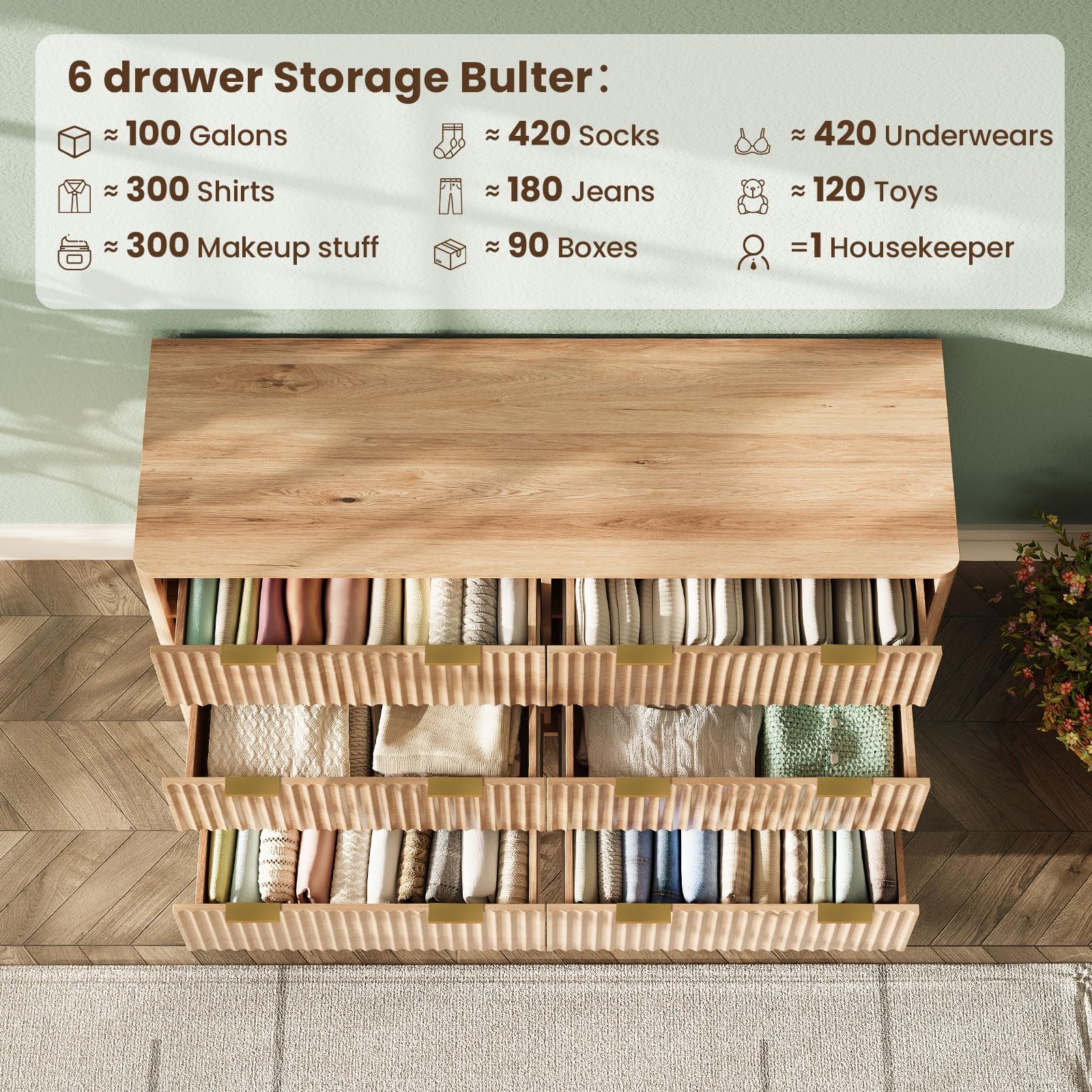 47 Inch Wide 6 Drawer Dresser with Fluted Design