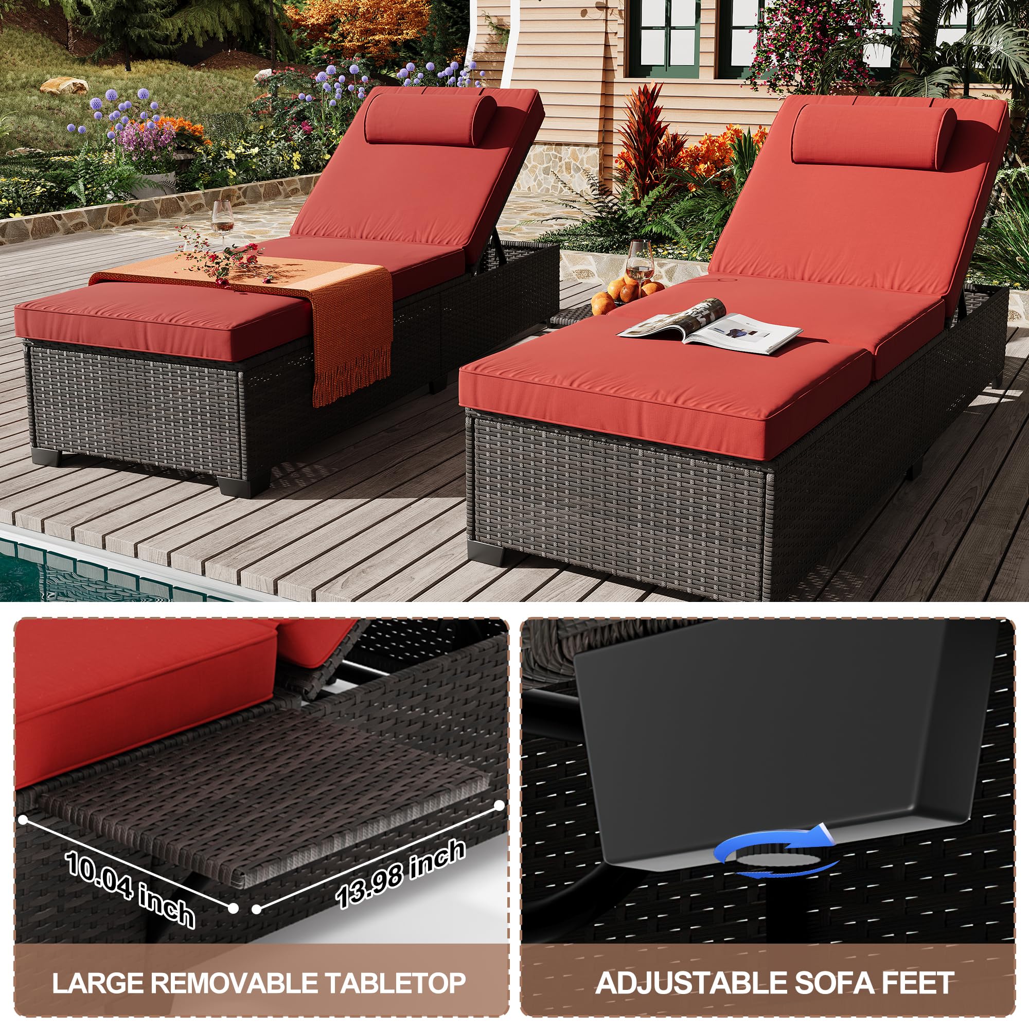 Outdoor PE Wicker Chaise Lounge Chairs Set of 2 with Adjustable Backrest