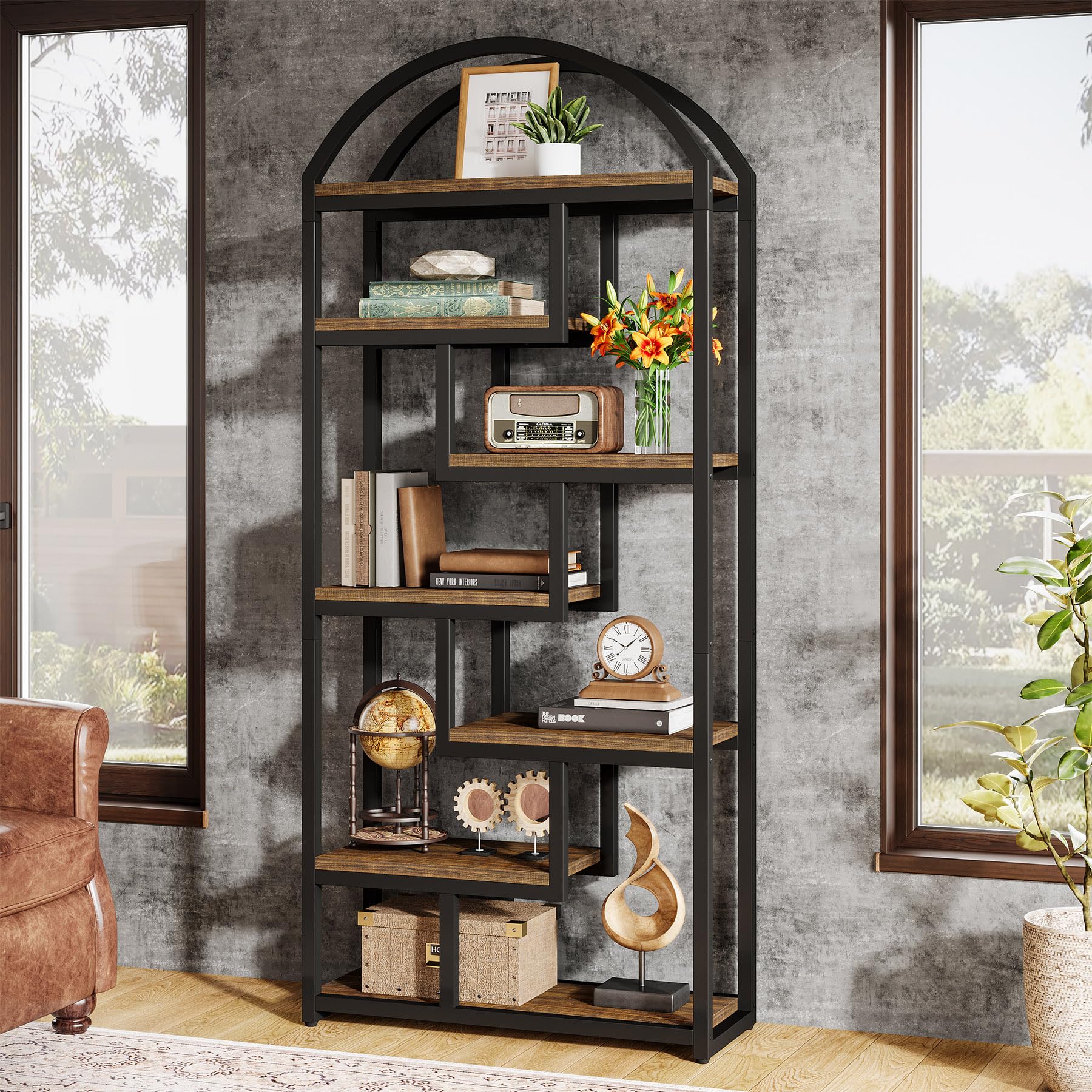 71" Tall Arched Bookshelf Industrial Etagere with Open Display Shelves