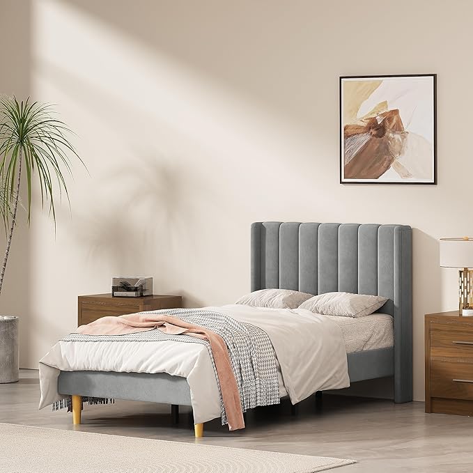 Pink Full Size Upholstered Platform Bed Frame with Wingback Headboard