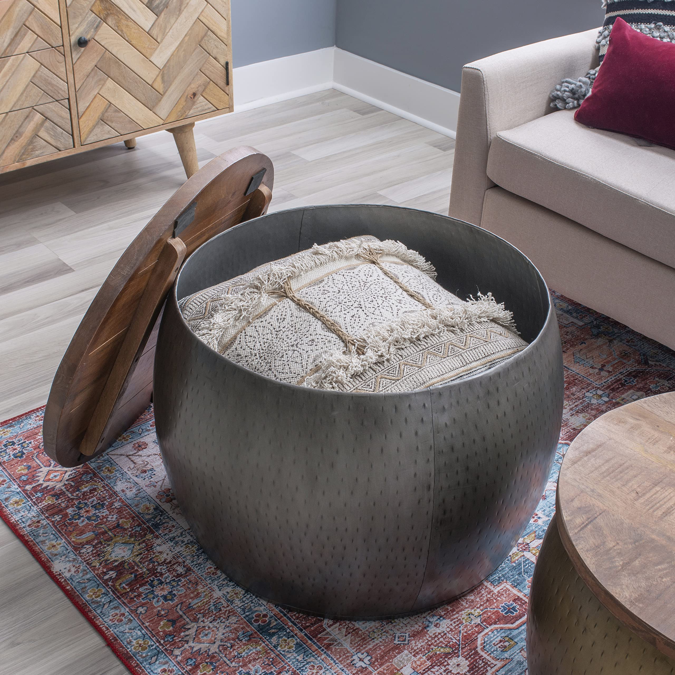 Hammered Silver Drum Table with Natural Wood Lift Top