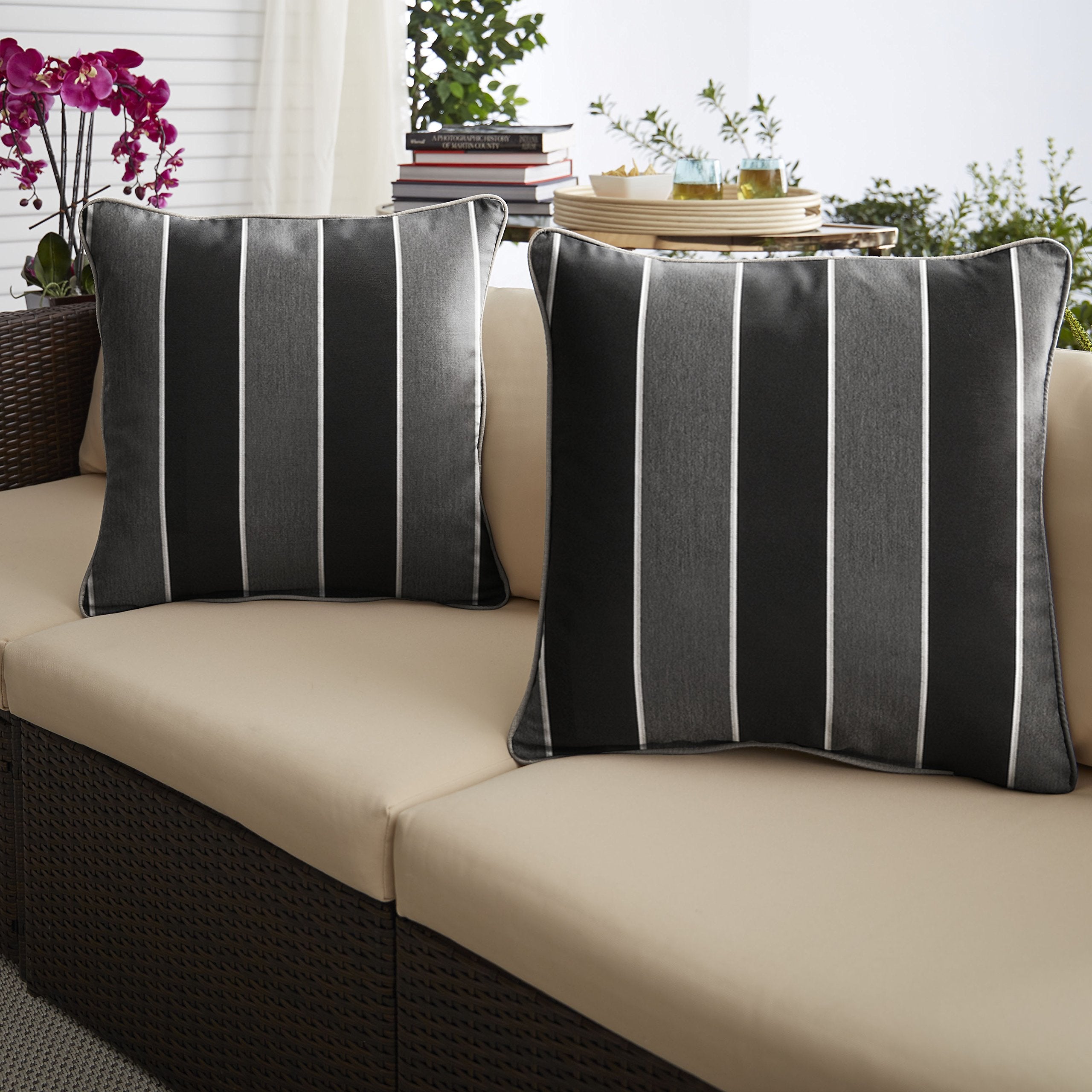 Indoor/Outdoor Square Pillows Set of 2 - Black Grey Stripes