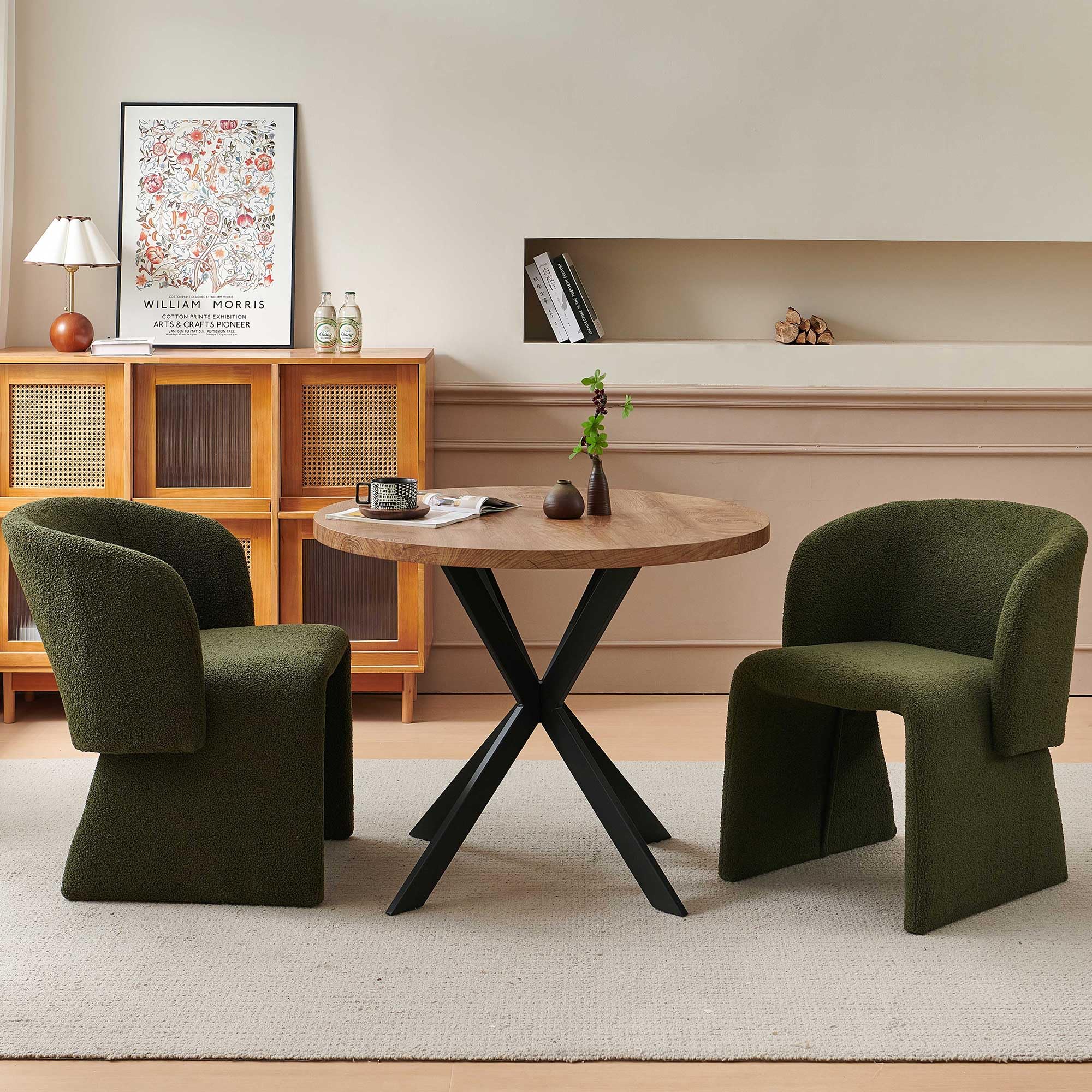 3 Pieces Breakfast Table Set for 2 - 37 Inch Round Dining Table with Dark Green Upholstered Chairs