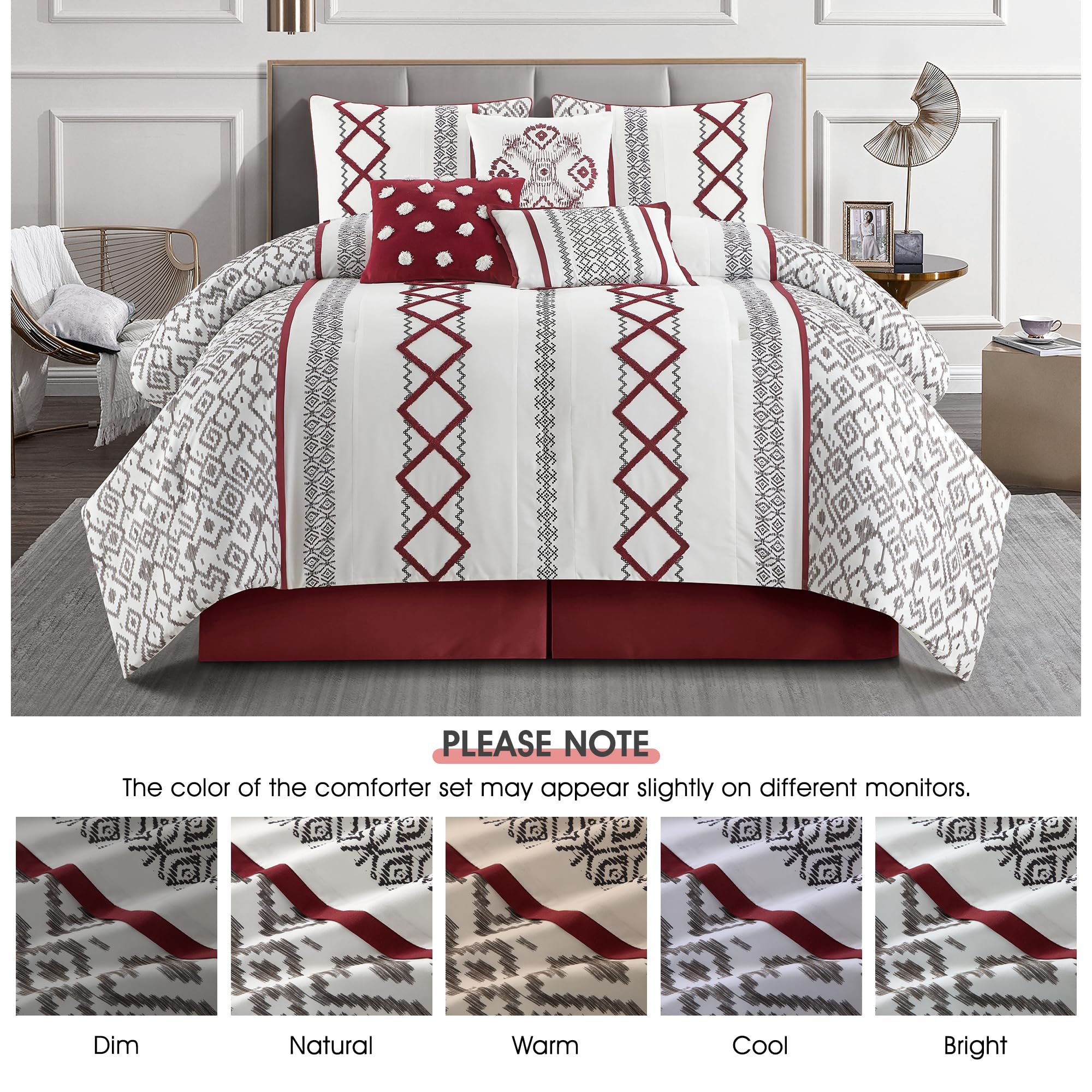 King Comforter Set 7 Pieces White Red Geometric Embroidered