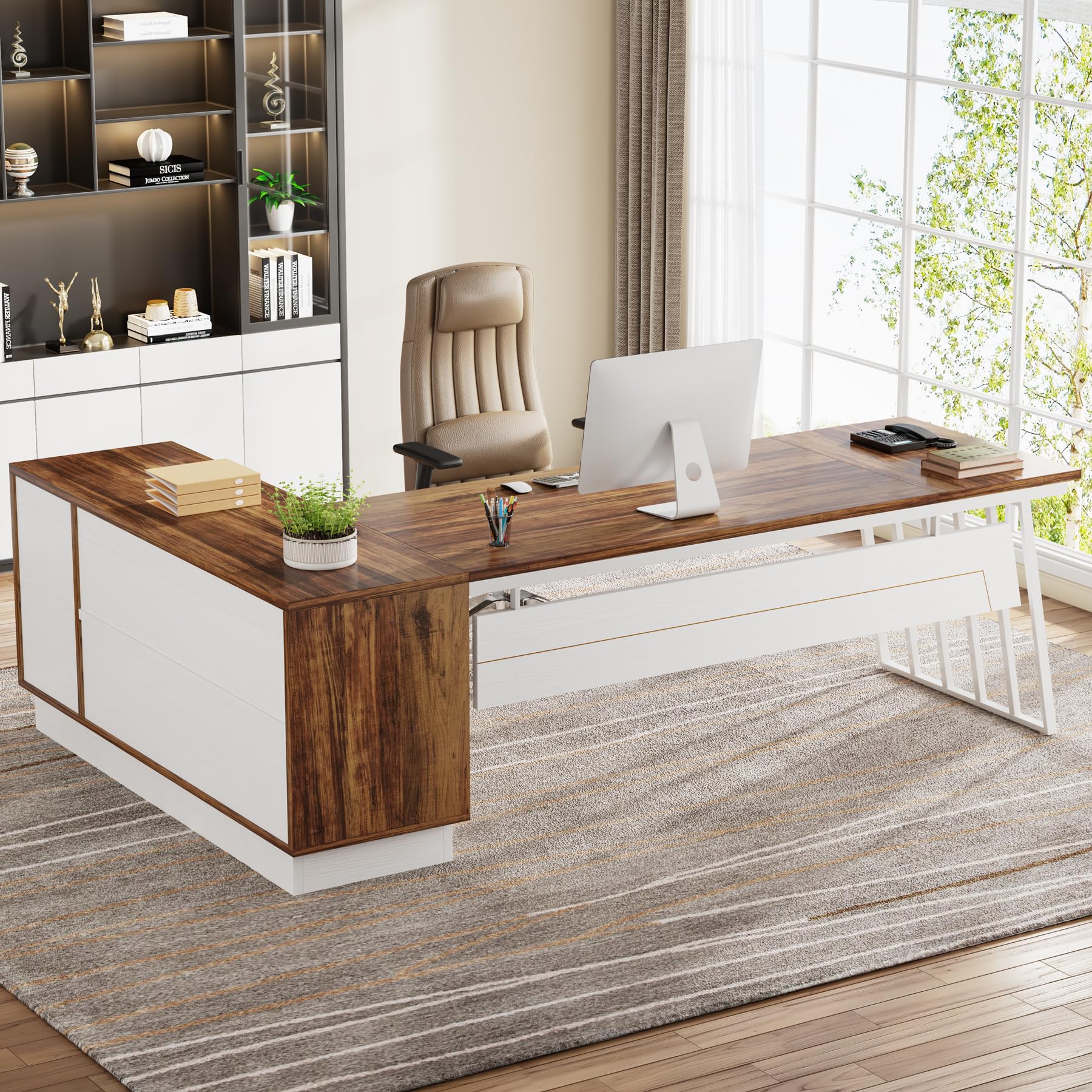 71-Inch L-Shaped Executive Desk with Cabinet and Storage