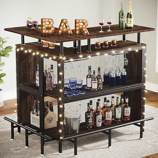 L-Shaped Bar Table with Stemware Racks and Storage Shelves