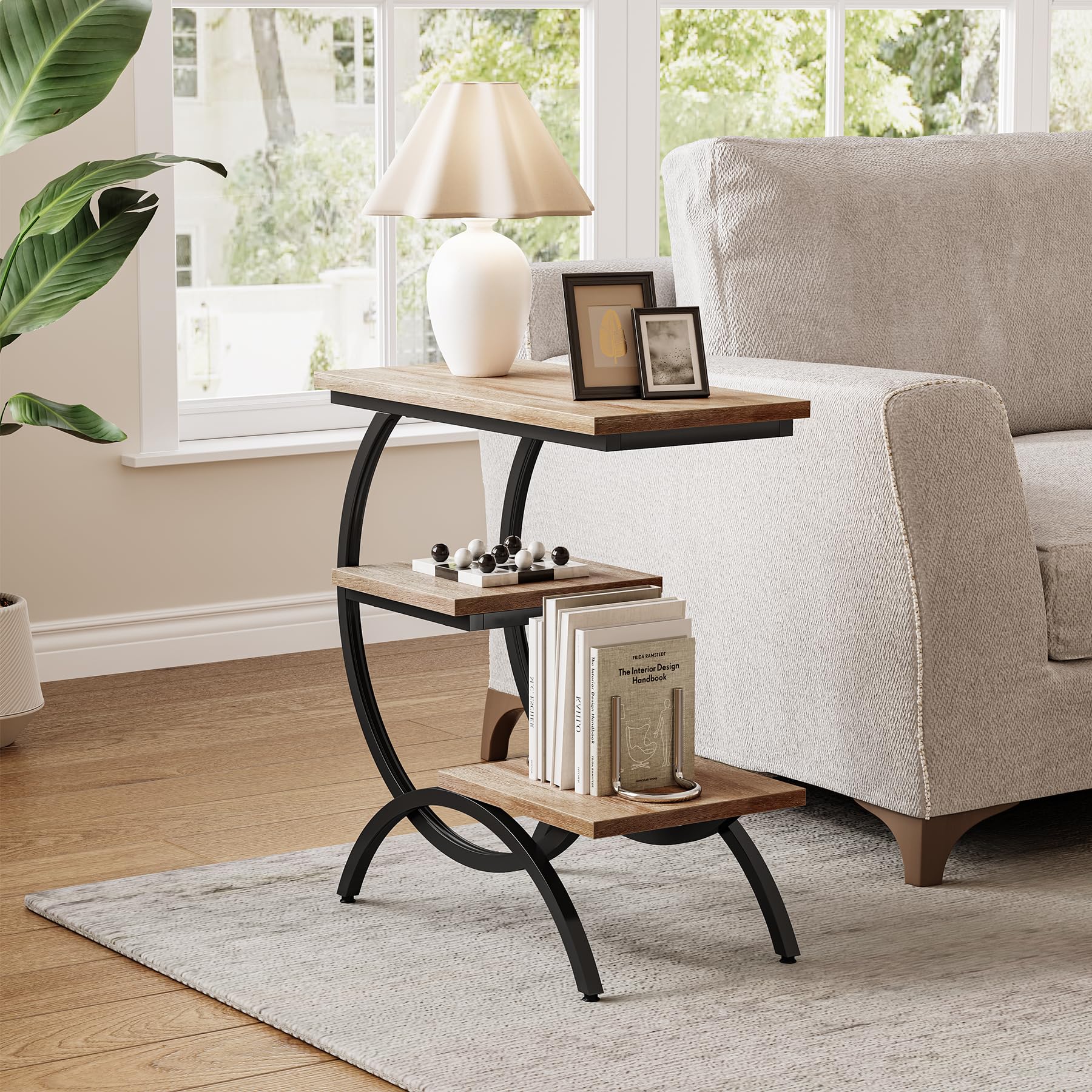 C-Shaped End Table with Storage Shelves