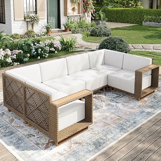 6-Piece Sectional Rattan Wicker Sofa with 10-Inch Cushions