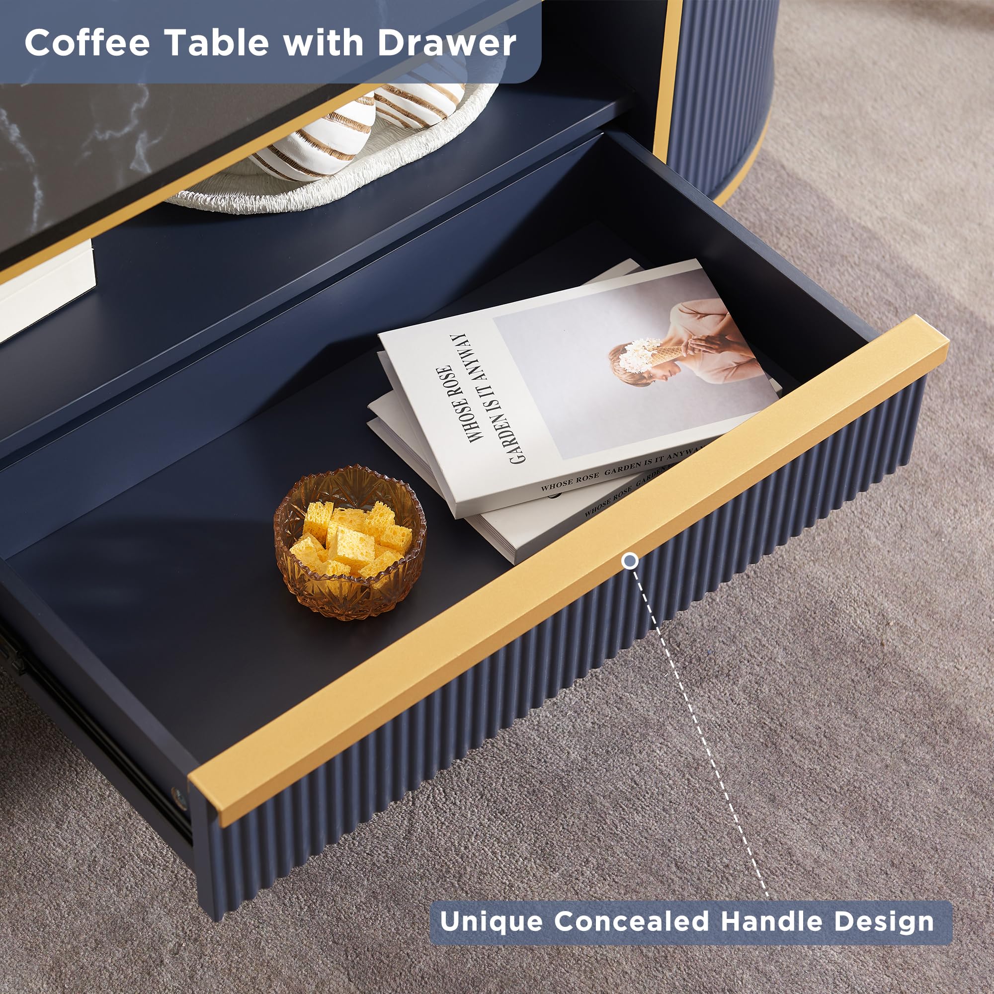 OKD Modern Luxury Fluted Coffee Table, 48" Oval Coffee Table with Drawer, Faux Marble Top, Curved Profile Design, Gold Metal Decor, Center Table for Living Room, Navy Blue