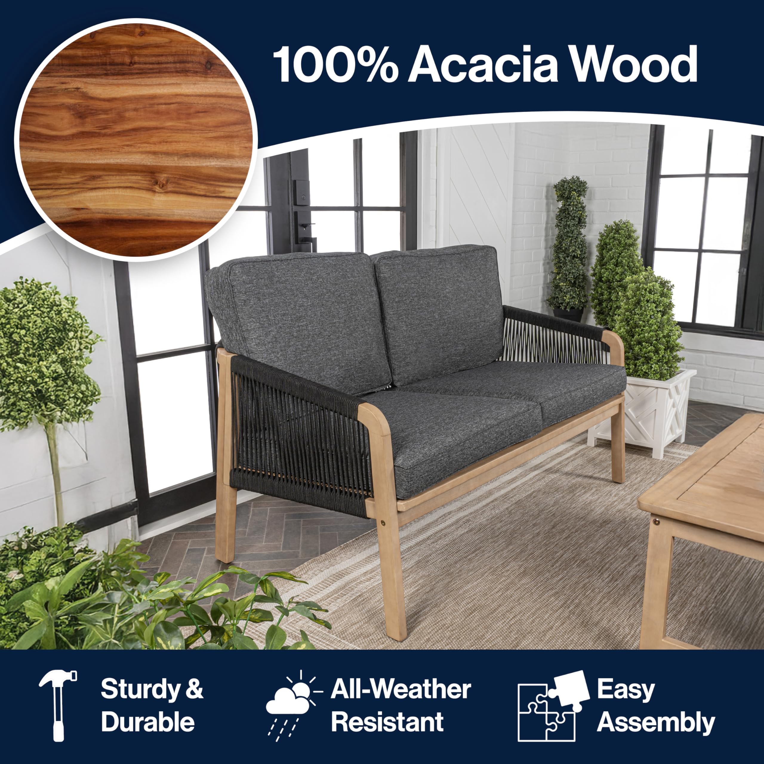 Arwen Roped Acacia Wood Outdoor Loveseat with Cushions