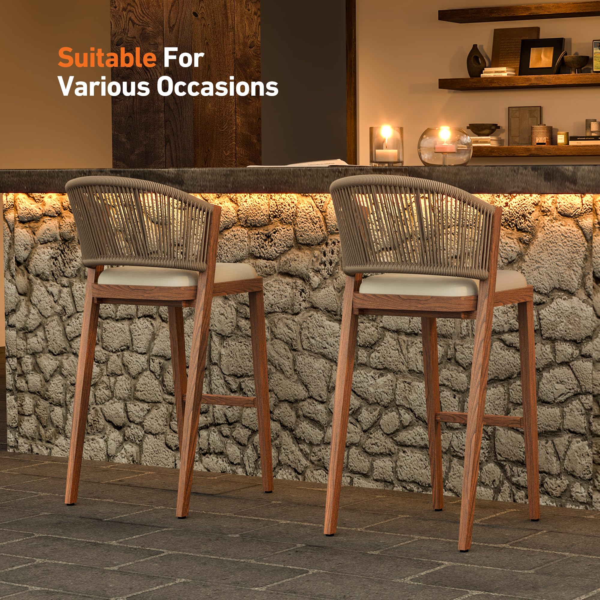 Outdoor Bar Stools Set of 2 with Rope Woven Backrest