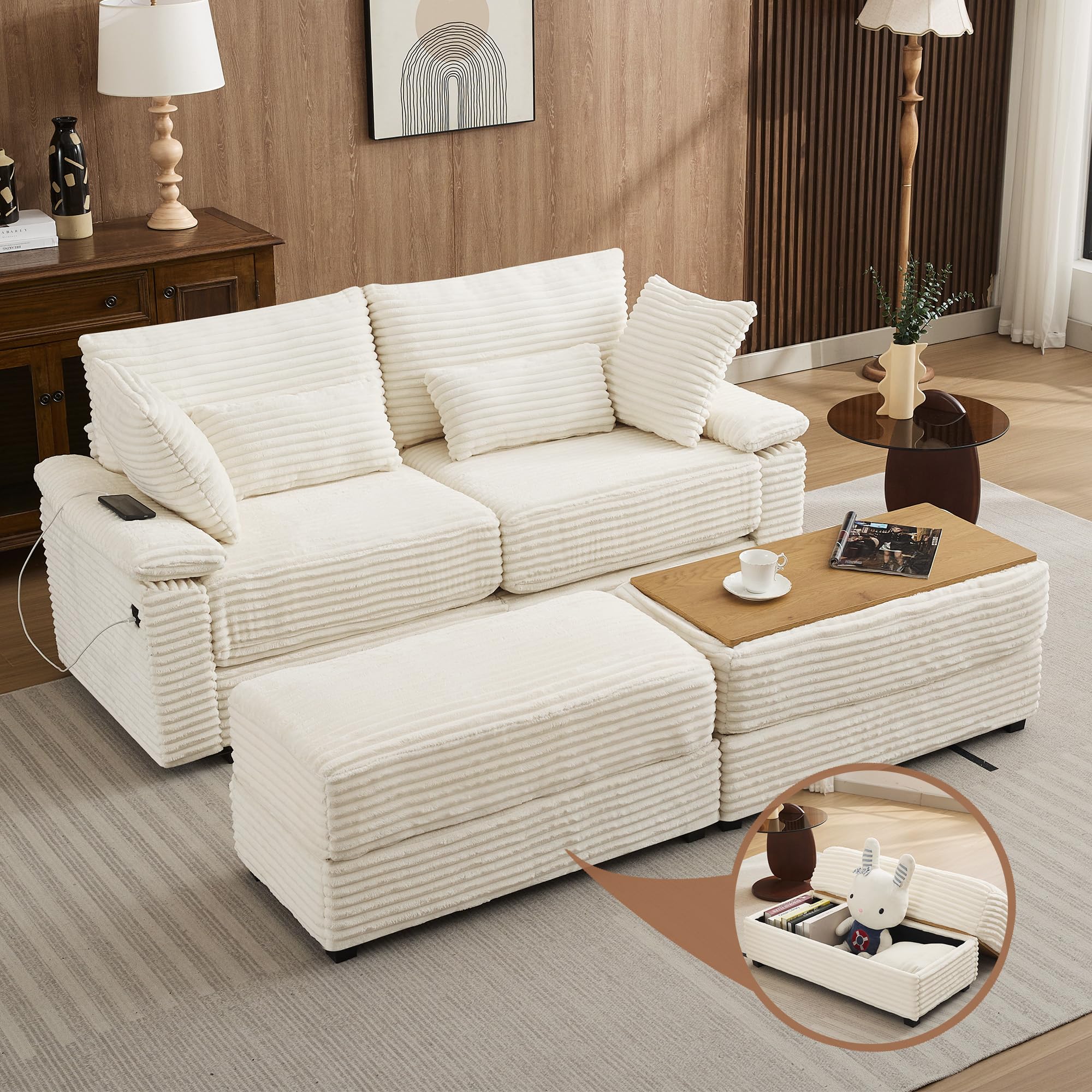 Corduroy Loveseat with Storage Ottoman and USB