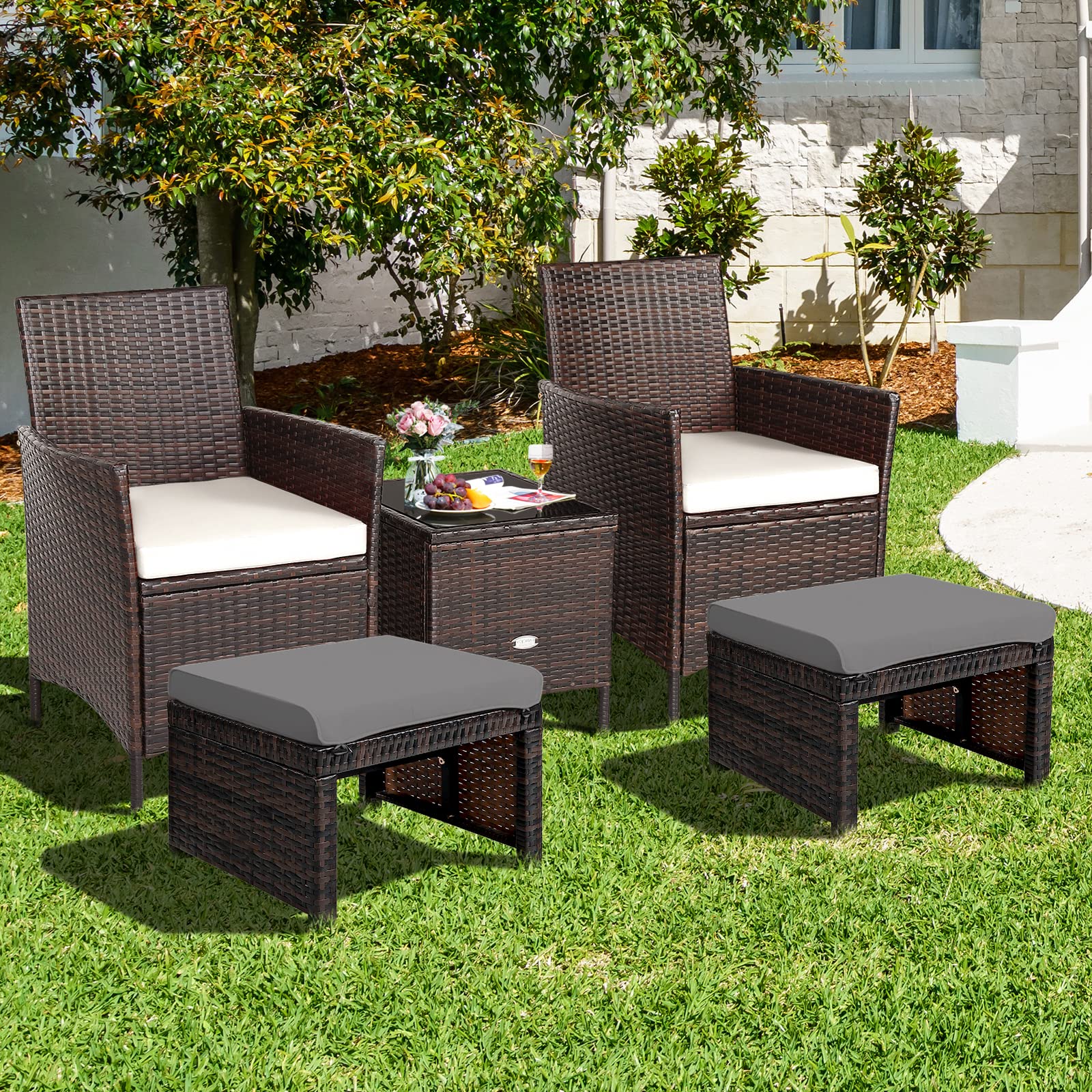 2-Piece Wicker Outdoor Ottoman Set with Removable Cushions