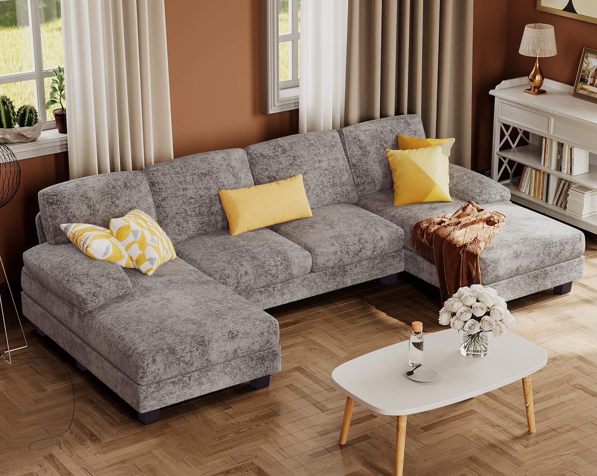 U-Shaped Sectional Sofa with Linen Fabric and Double Chaise