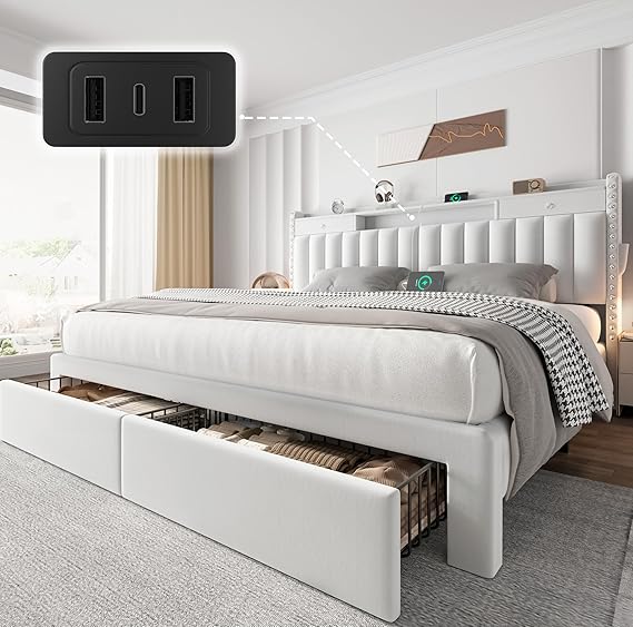Queen Bed Frame with Storage Drawers and Charging Station