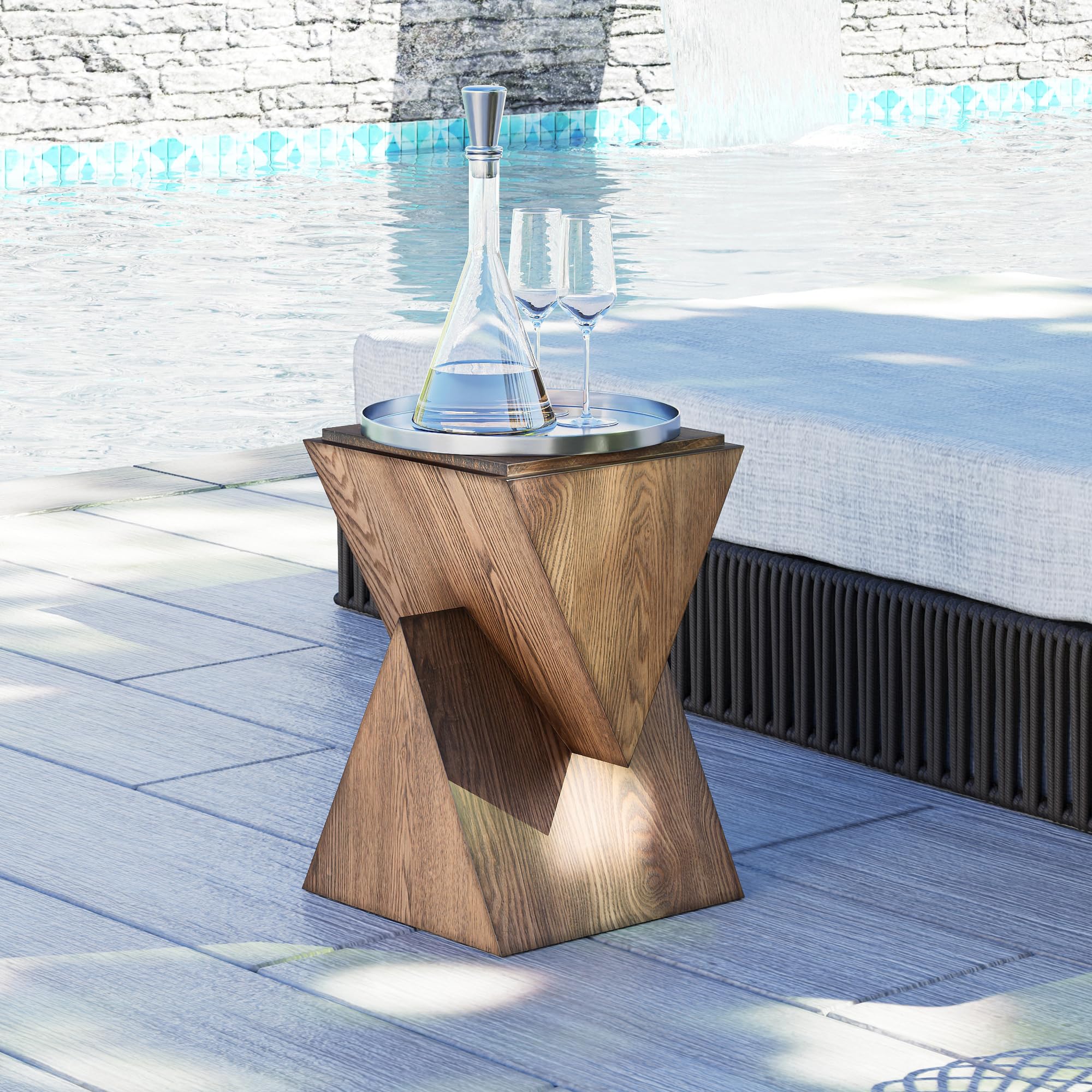 COZAYH Modern Geometric Wood Grain End Table with Structural Design, Farmhouse Side Table with Sculptural Pedestal Base for Living Room, Bedroom, Office, Fully Assembled (Natural)