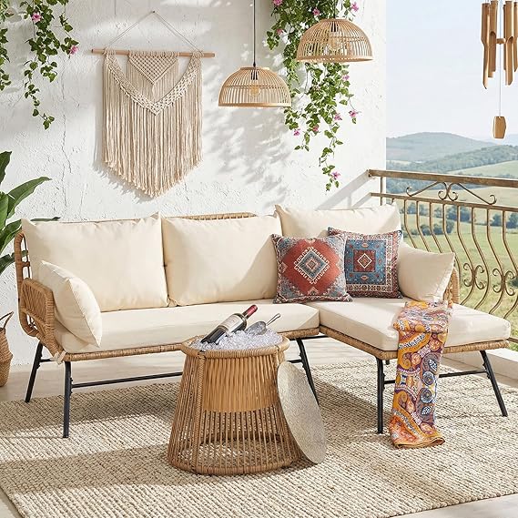 Boho L-Shaped Patio Sectional Sofa Set with Ice Bucket Table