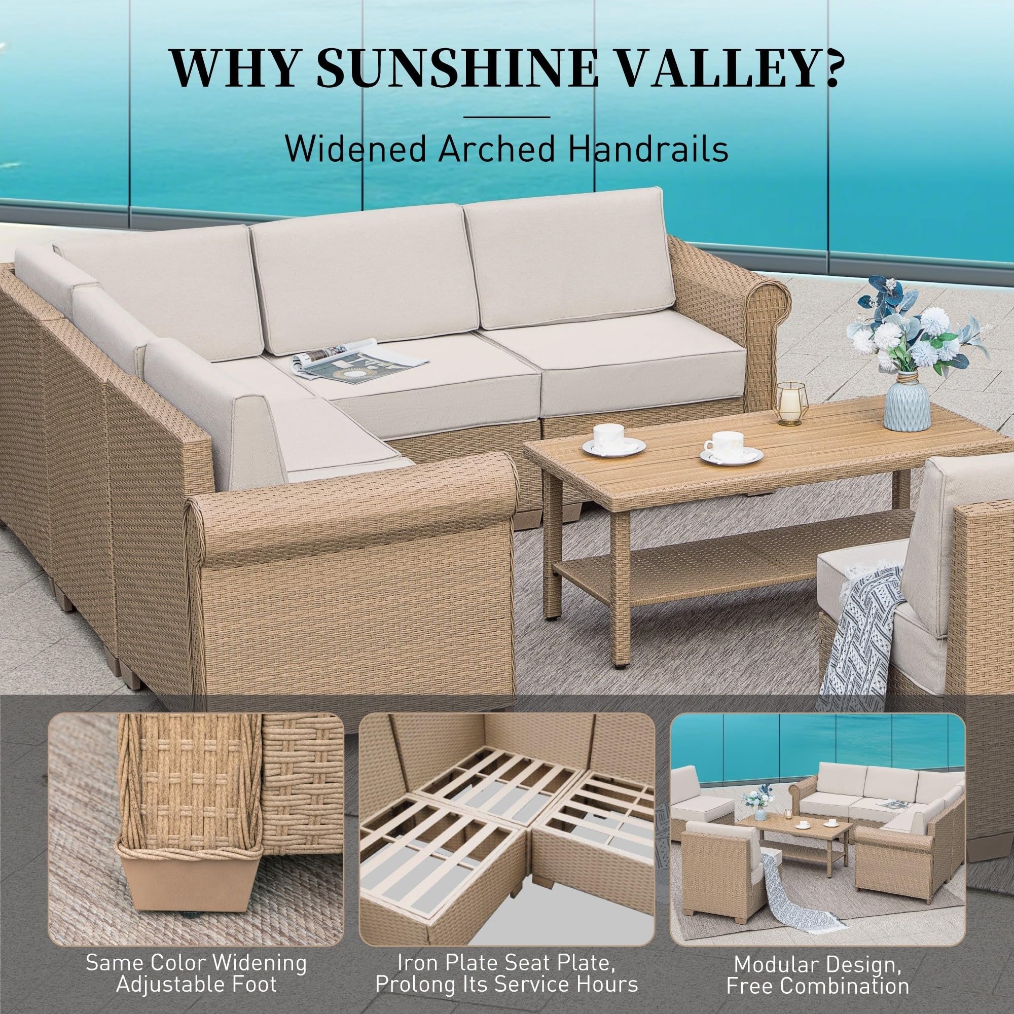 6-Piece Wicker Rattan Sectional Sofa Set with Waterproof Cushions