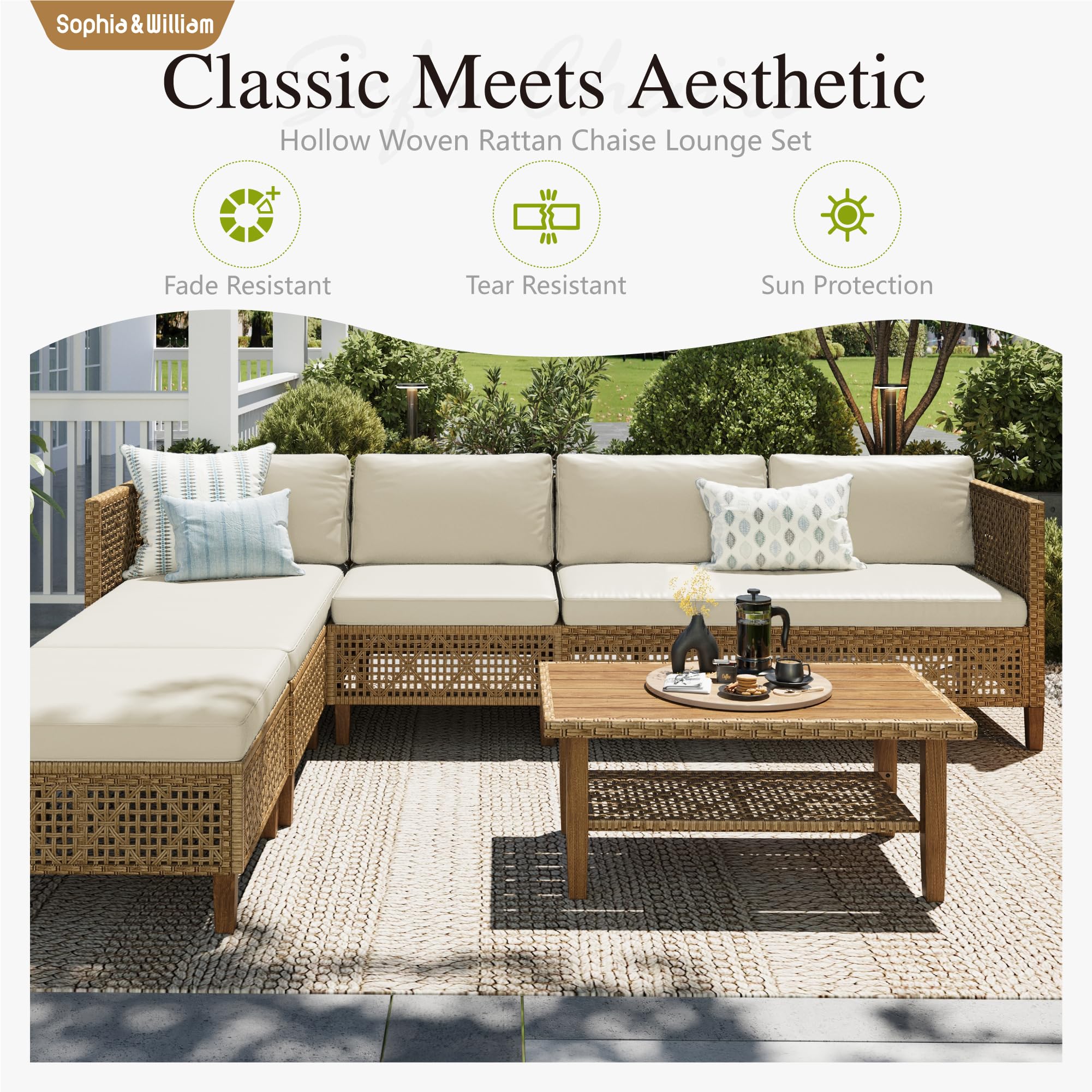 Outdoor Rattan Sofa Set with Cushions & Coffee Table - 3 Piece Patio Furniture