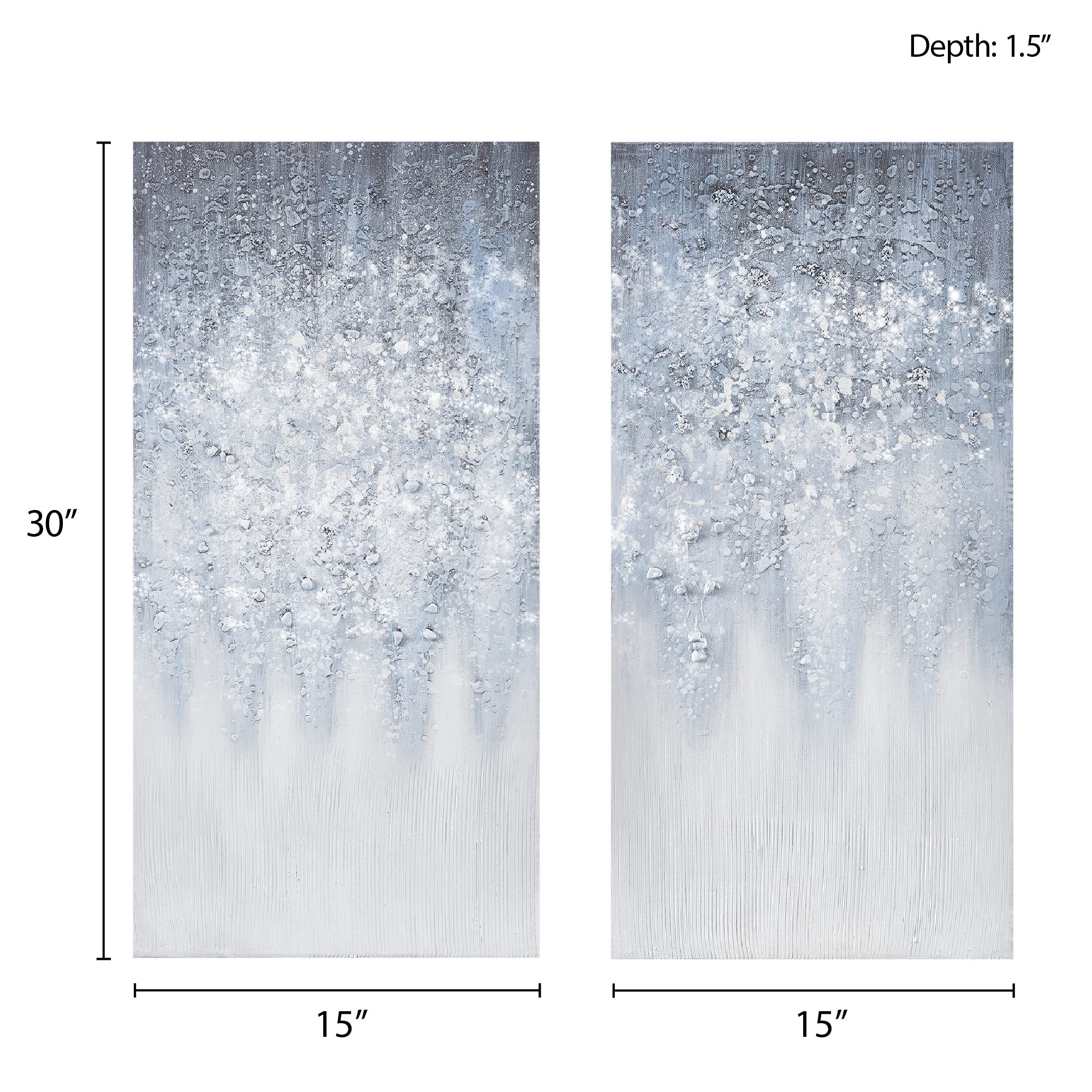 Abstract Canvas Wall Art 2 Piece Set - Winter Glaze Blue White Textured Glitter