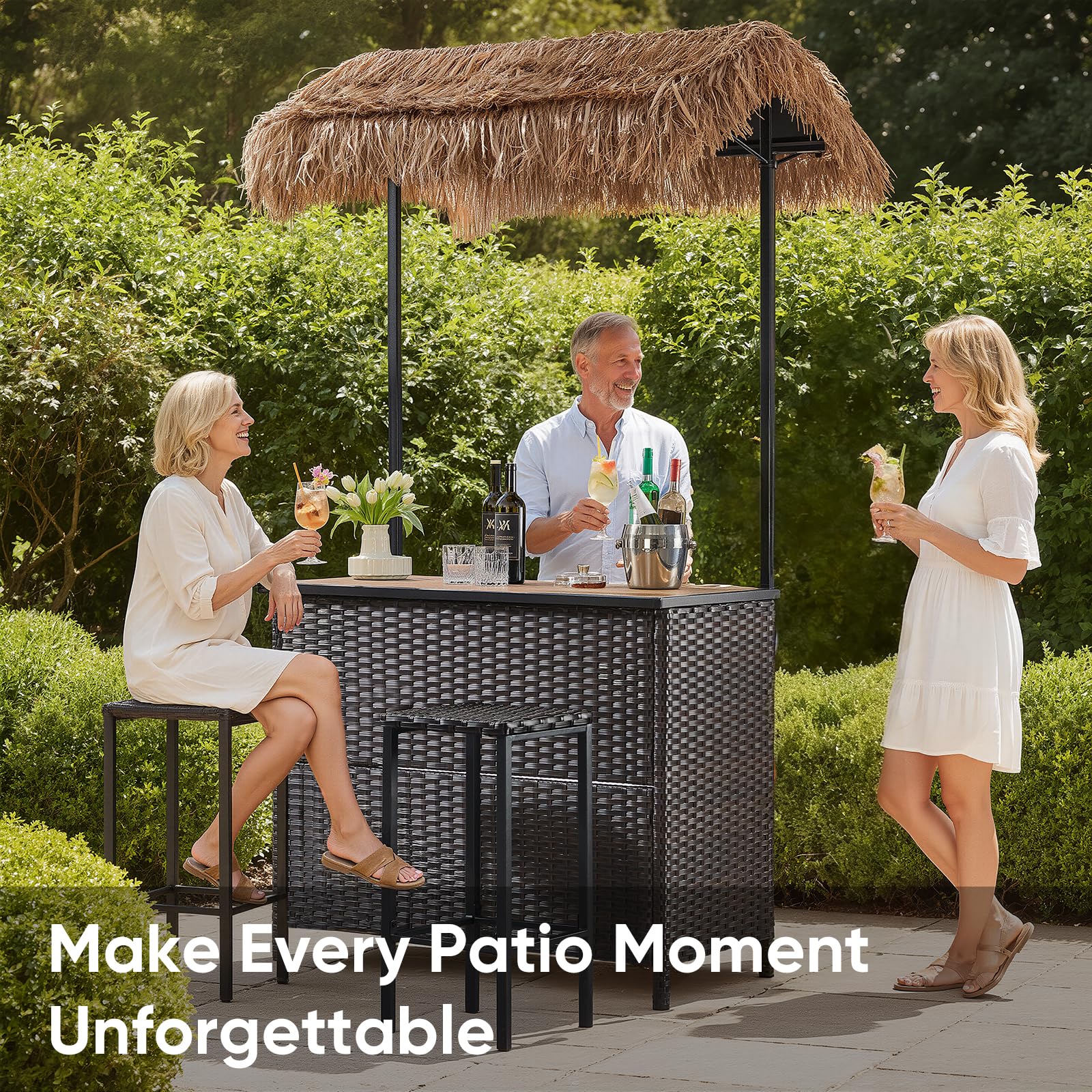 Outdoor Tiki Bar Set with Palapa Top - 3 Piece Wicker Patio Set