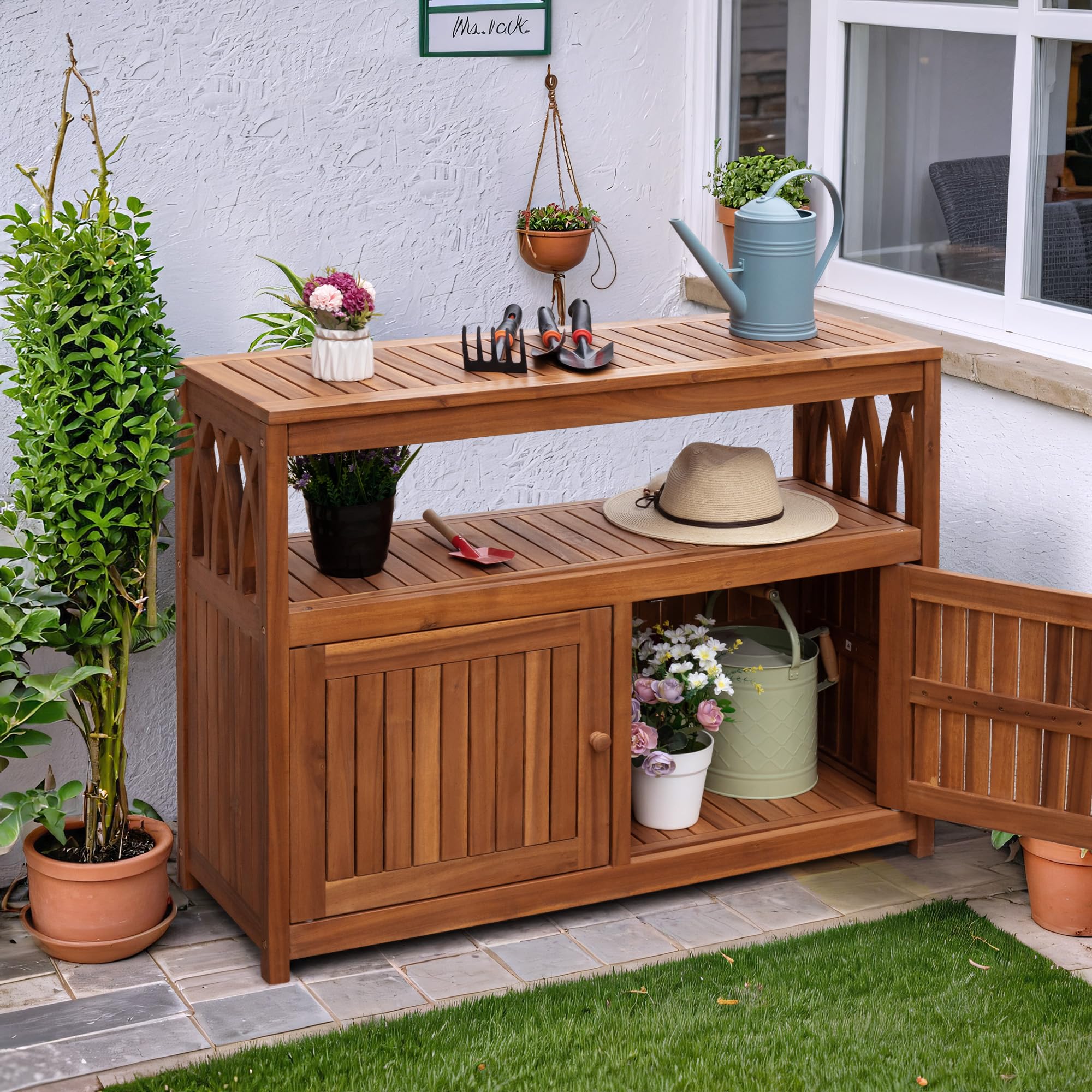Outdoor Storage Cabinet Weatherproof Acacia Wood with Magnetic Doors