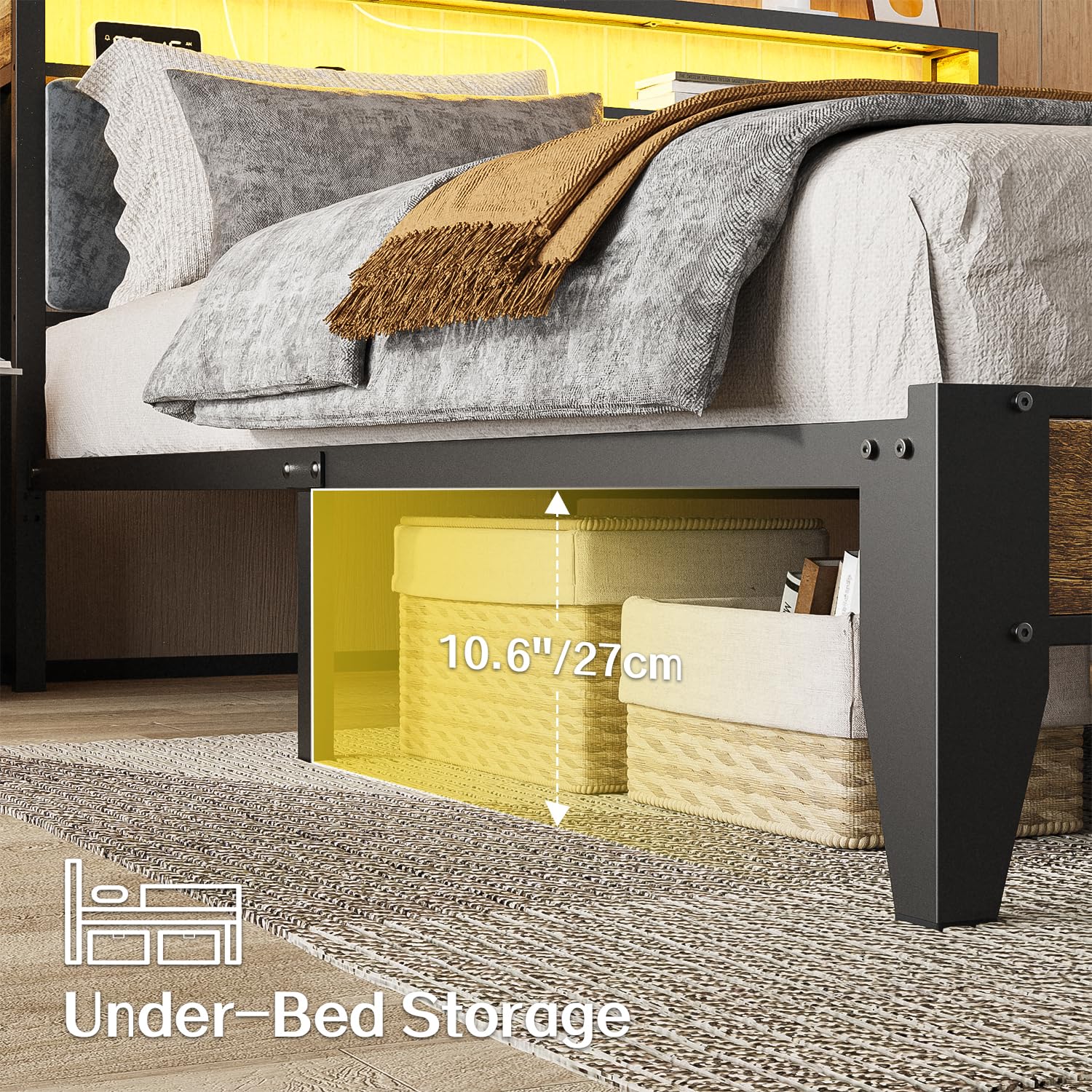 King Bed Frame with LED Headboard and Charging Station
