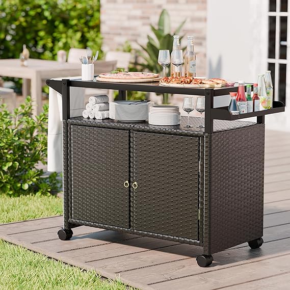 Outdoor Bar Cart with Storage and Wheels