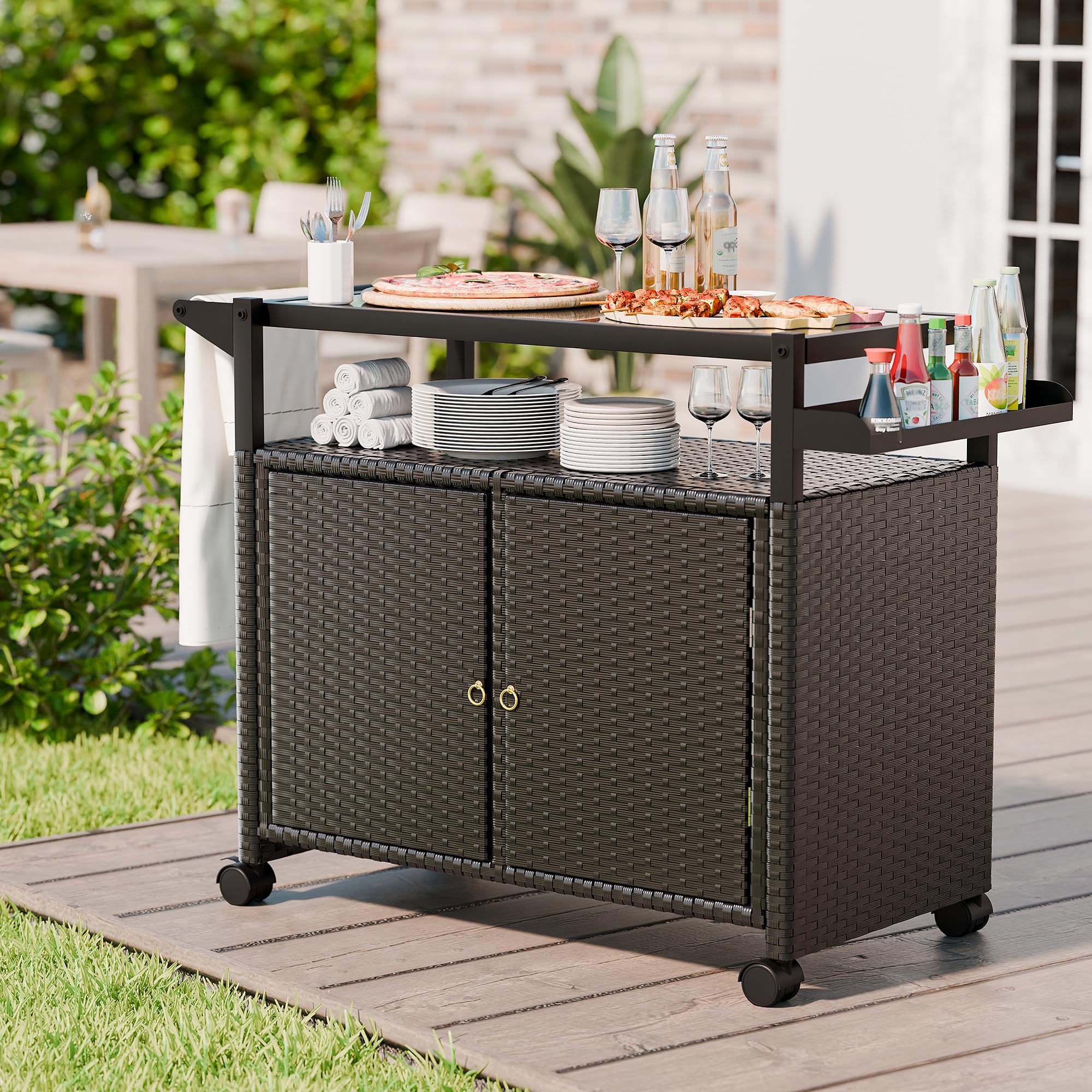 Outdoor Bar Cart with Storage and Wheels