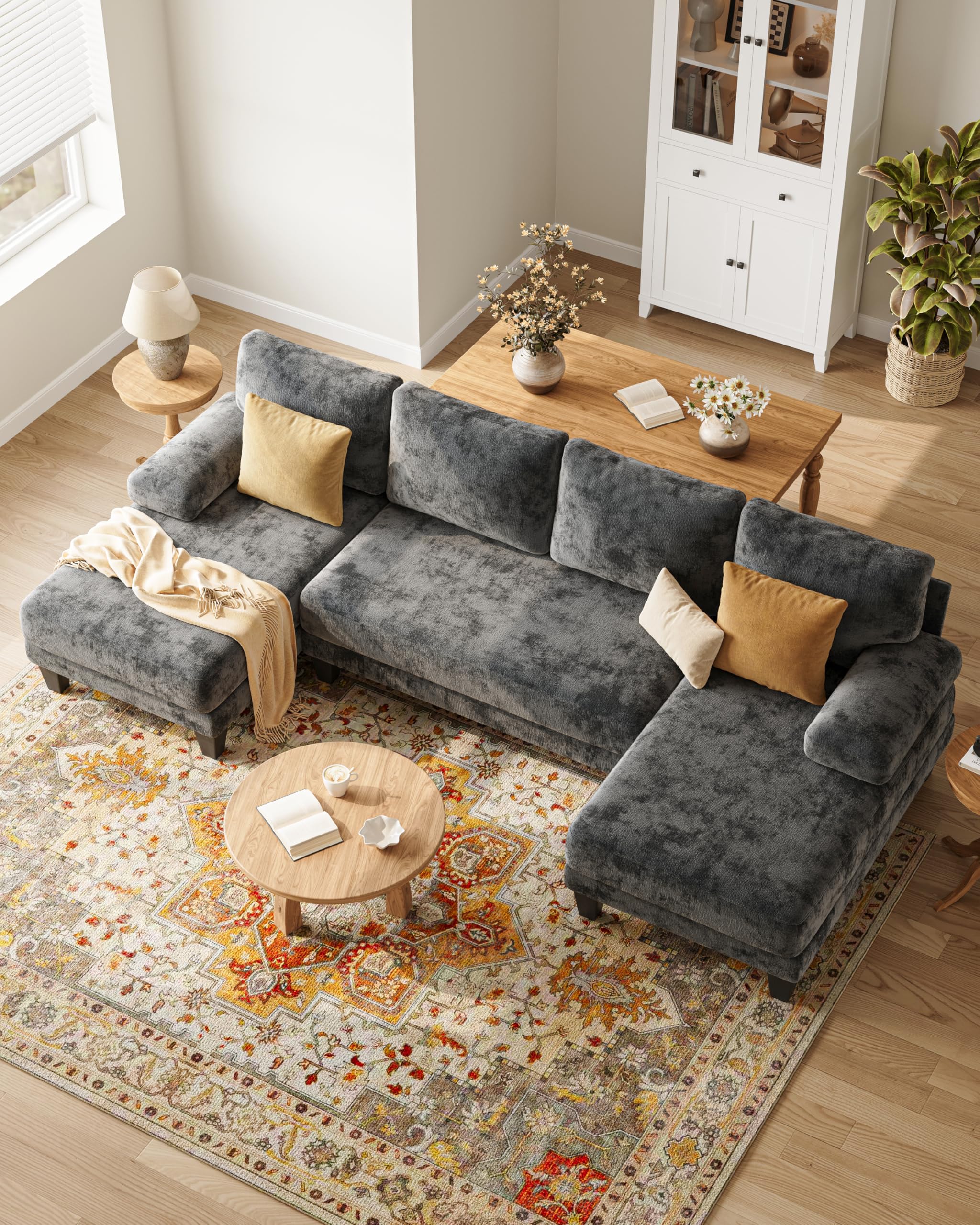 U-Shaped Sectional Couch 112 Inch Dark Grey Chenille Sofa with Double Chaise