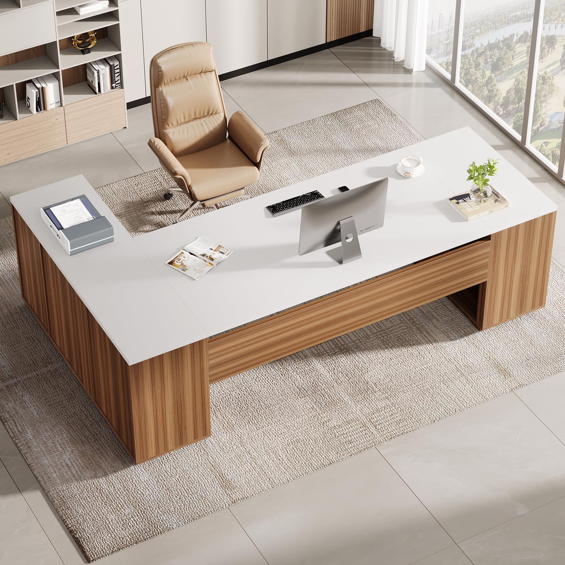 85.8-Inch L-Shaped Executive Desk with File Drawers and Cabinet