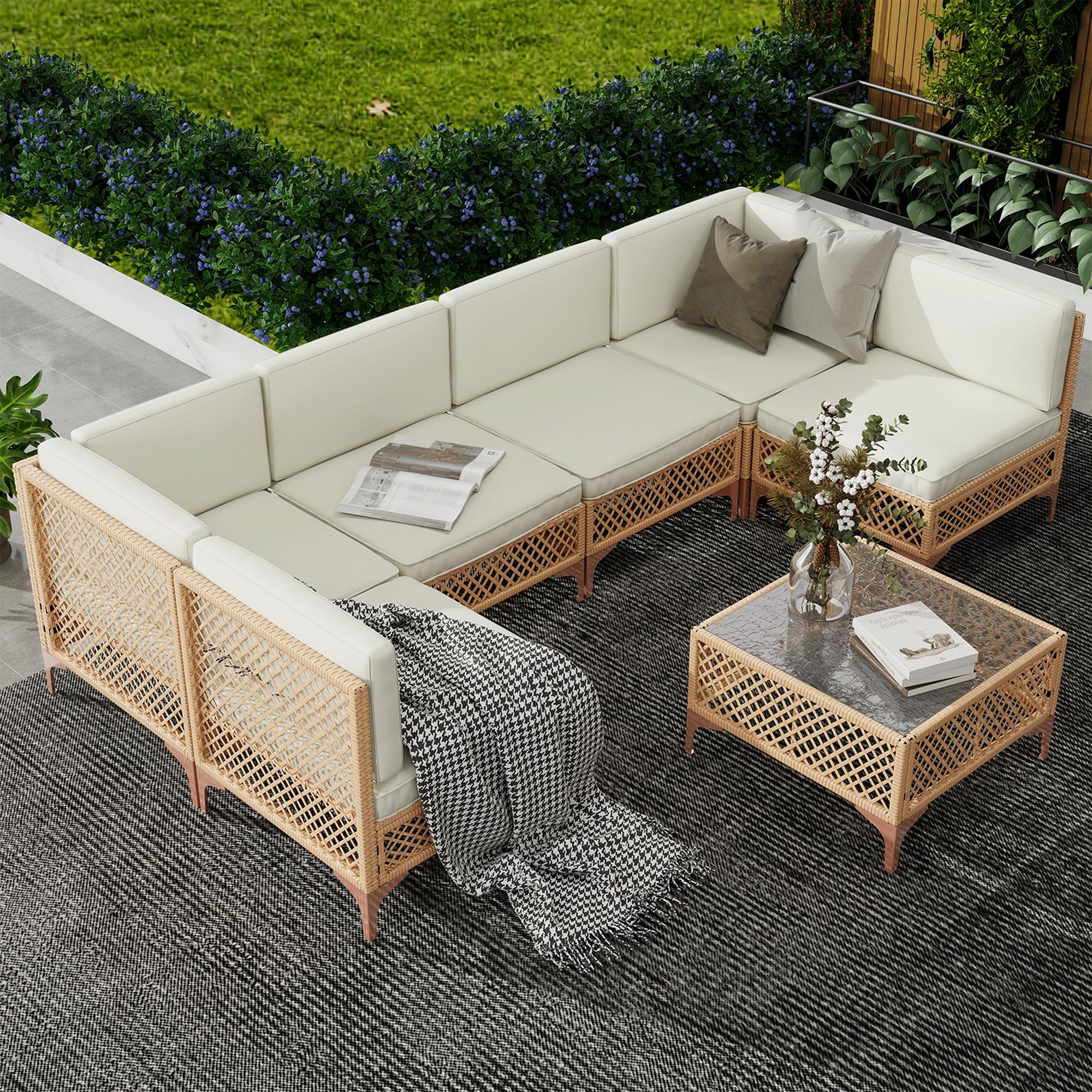 7-Piece Wicker Outdoor Sectional Sofa Set with Glass Coffee Table
