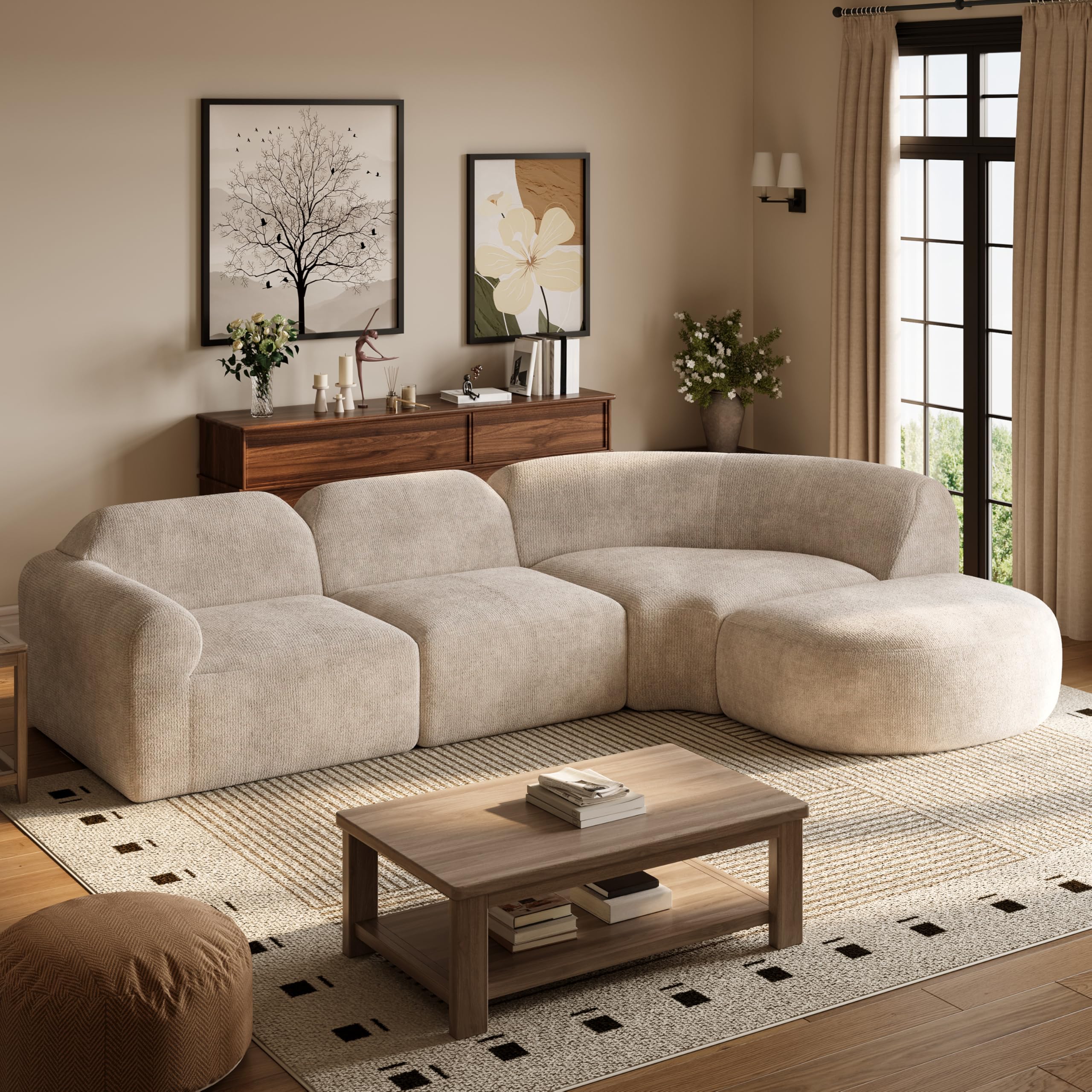 Merax Modern Curved Sectional Sofa with Ottoman, Couch 4-Piece Set High-Density Compressed Sponge, Fully Assembled, Right Hand Facing, Plush Deep Seat for Living Room, Lounge, Apartment, Espresso