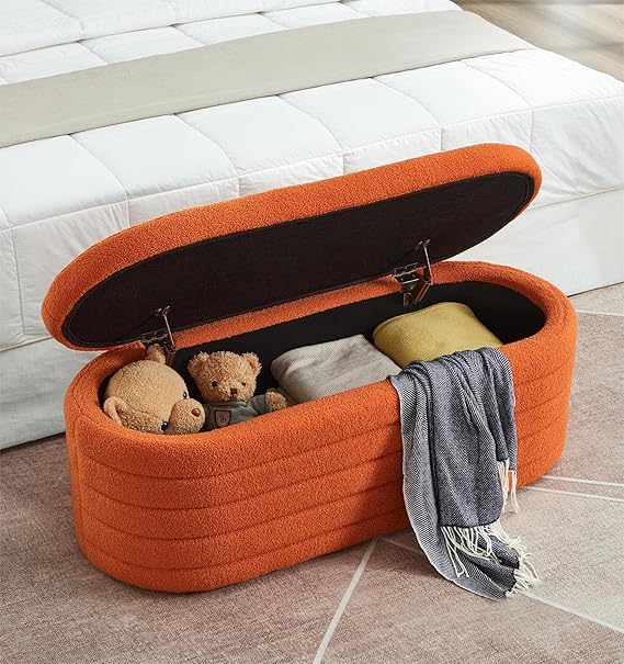 Upholstered Storage Ottoman Bench 45 Inch Blue Boucle