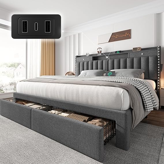 Queen Bed Frame with Storage Drawers and Charging Station