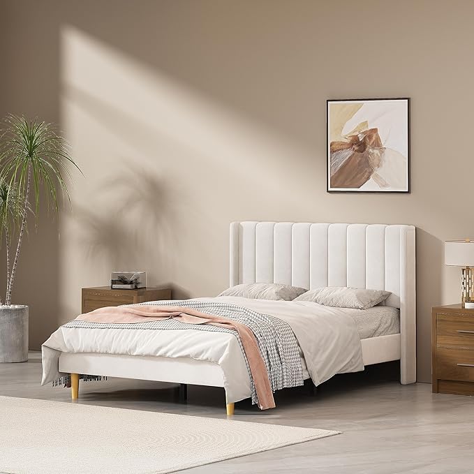 Pink Full Size Upholstered Platform Bed Frame with Wingback Headboard