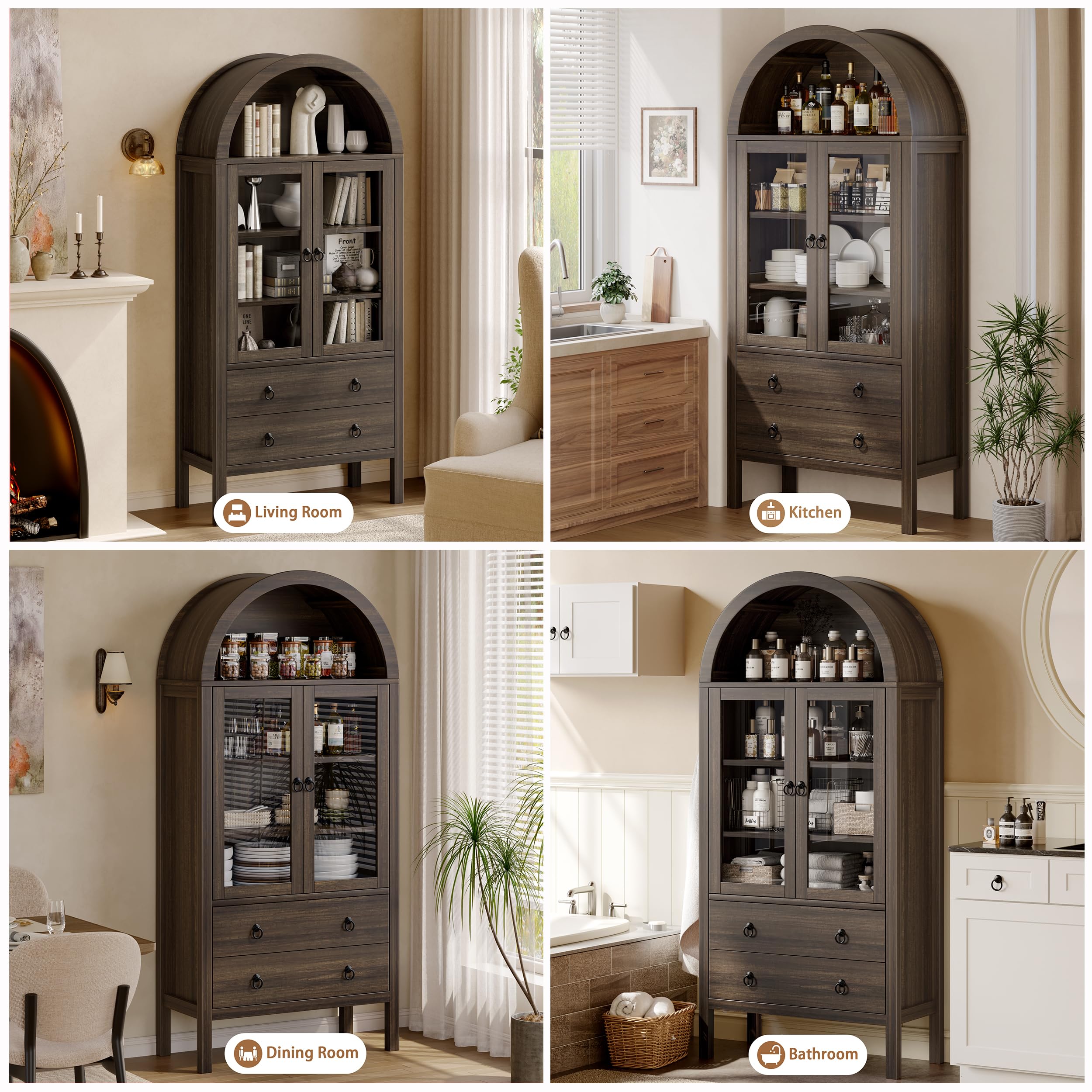 Arched Storage Cabinet with Glass Doors