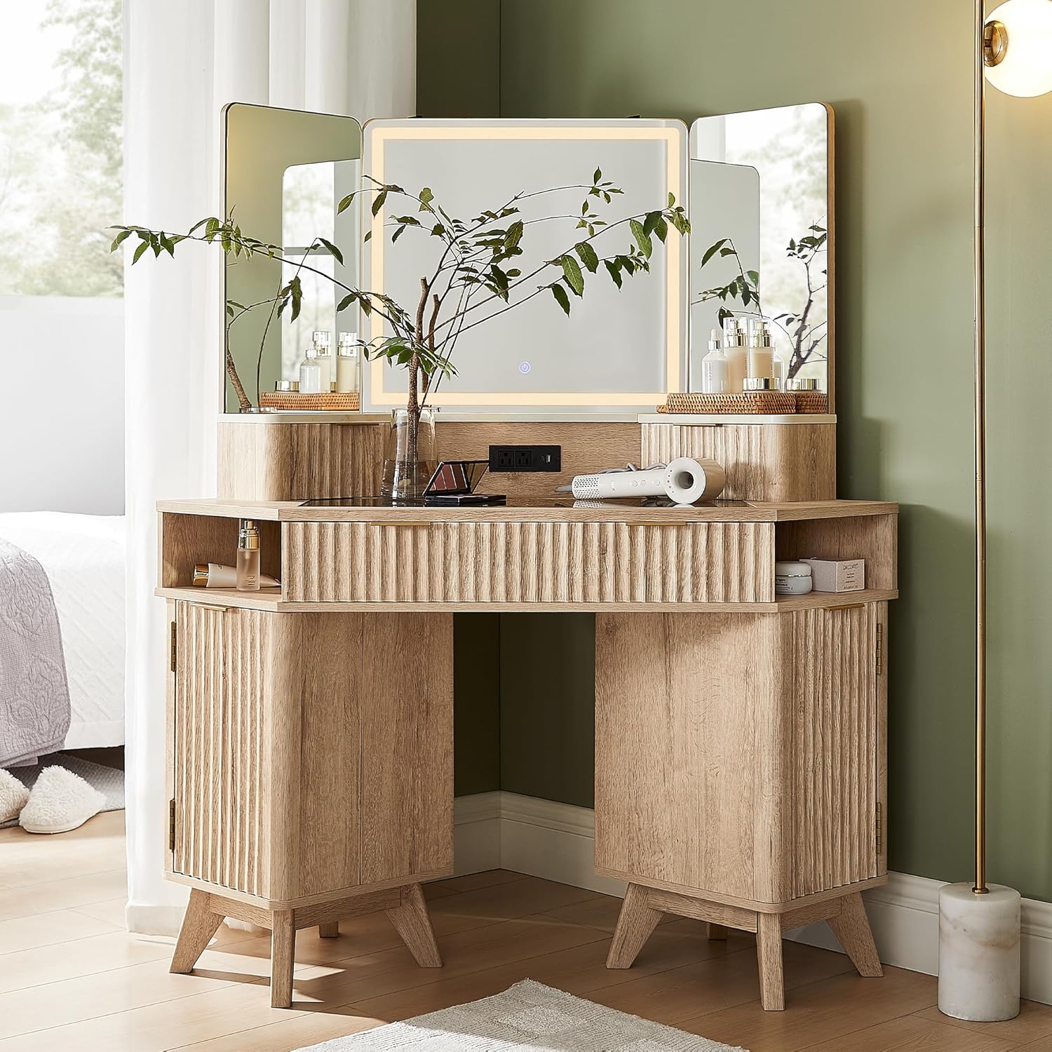 48" Corner Makeup Vanity Desk with 3-Way Mirror and Lights