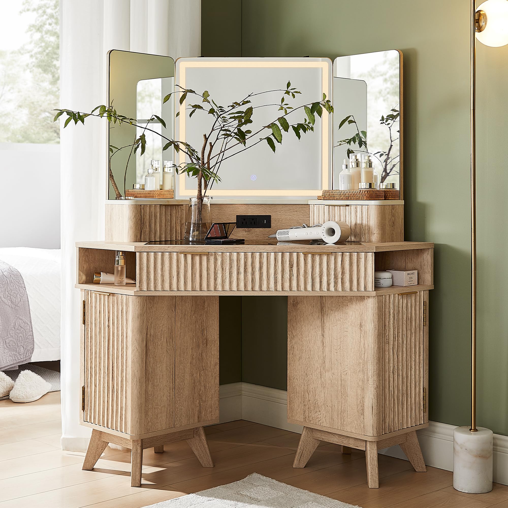 48" Corner Makeup Vanity Desk with 3-Way Mirror and Lights