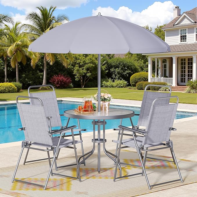 6 Piece Patio Dining Set with Umbrella and Folding Chairs