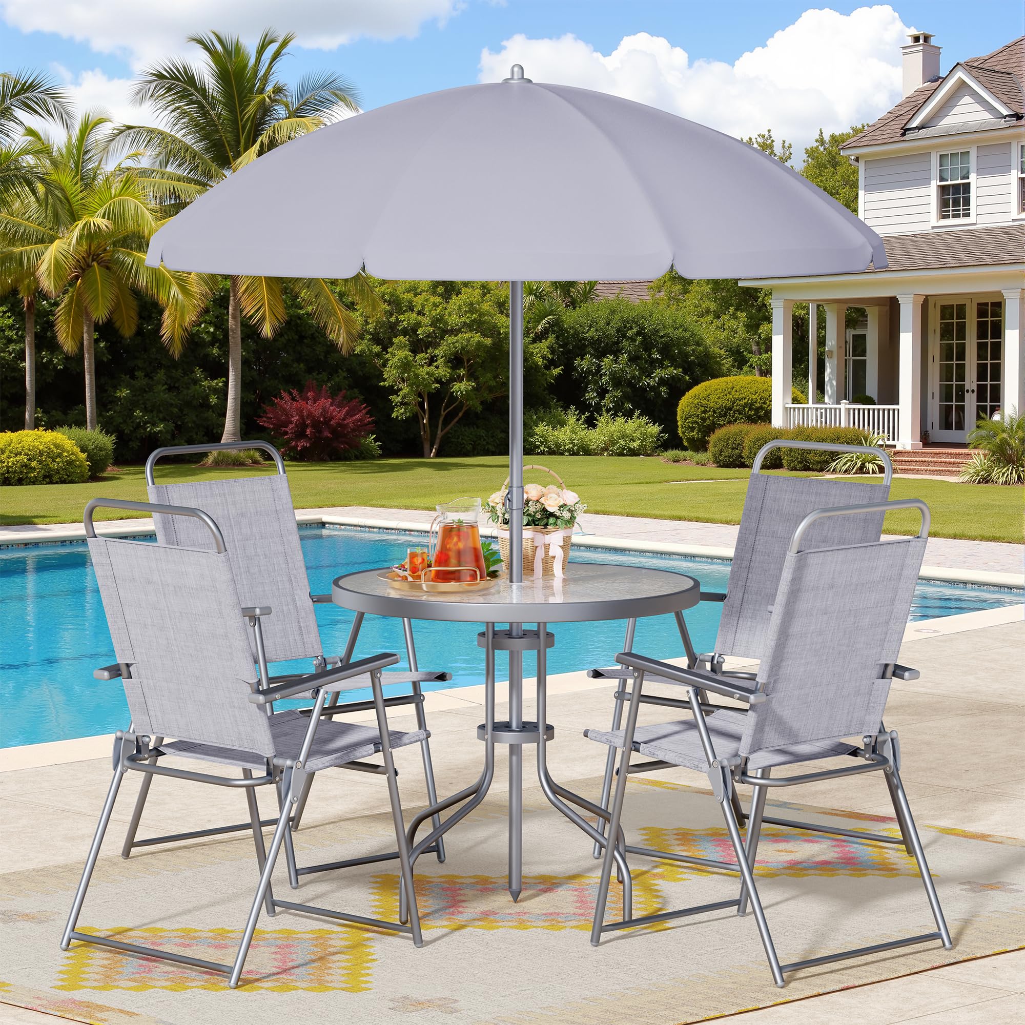 Shintenchi 6 Piece Patio Dining Set with Umbrella, Outdoor Furniture Set with 4 Folding Chairs and Tempered Glass Top Dining Table fot Lawn Backyard Garden Porch, Silver
