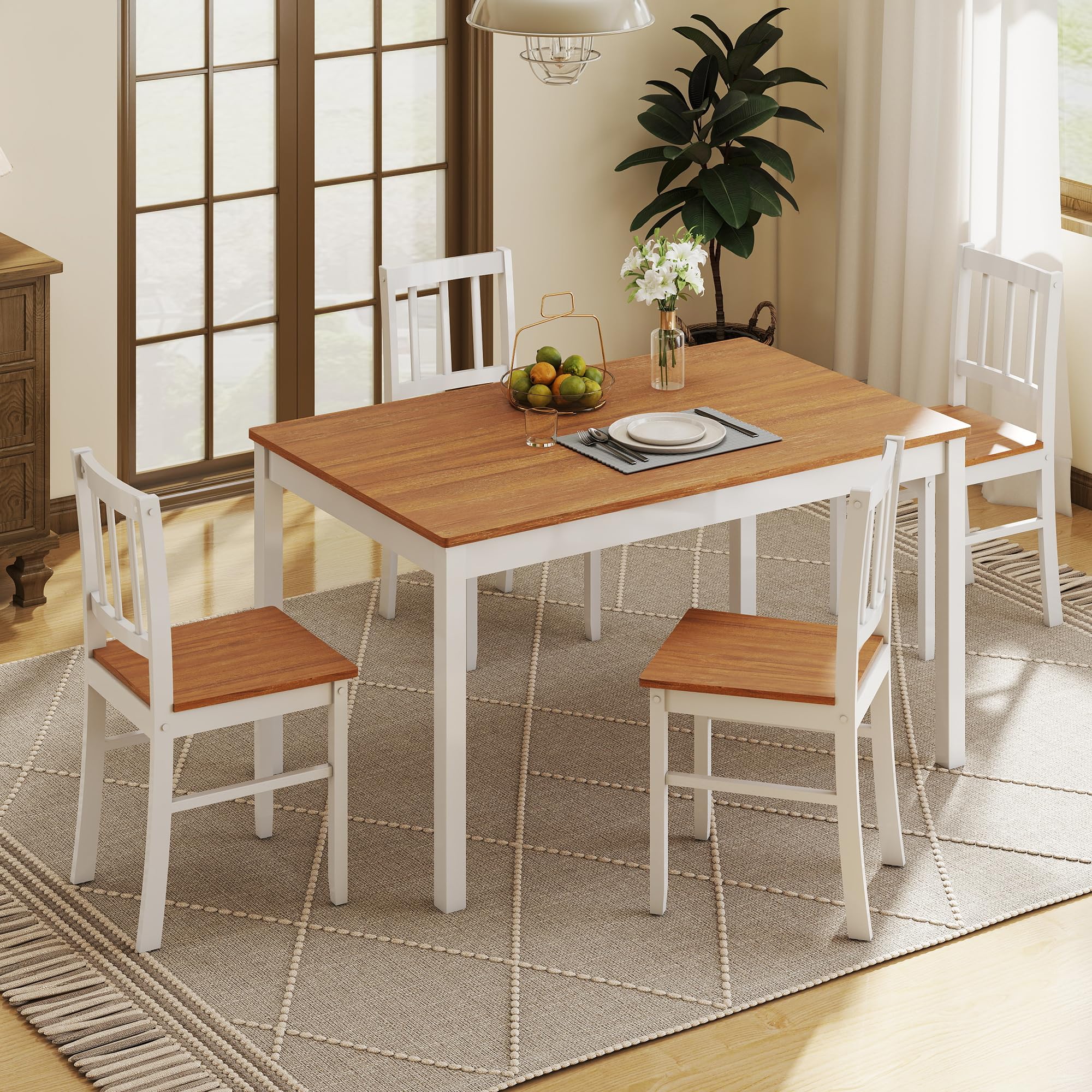 5-Piece Dining Table Set for 4 with Solid Wood Chairs