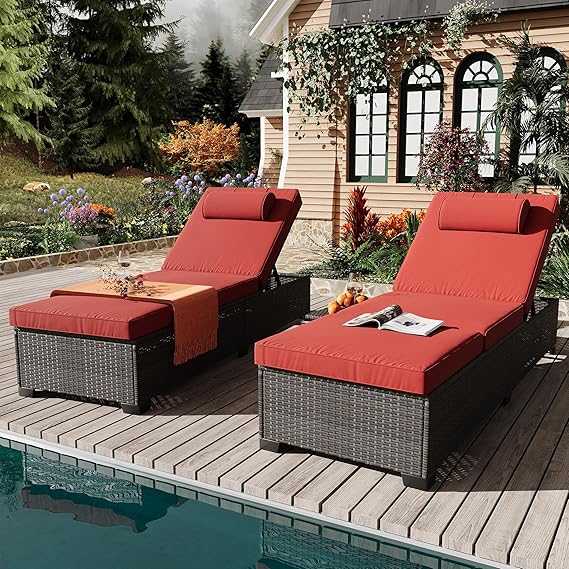Outdoor PE Wicker Chaise Lounge Chairs Set of 2