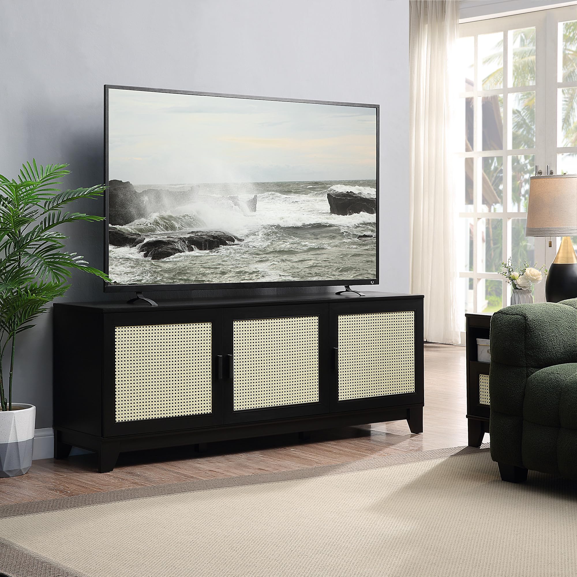 Mid-Century Modern Cane TV Stand 55 Inch