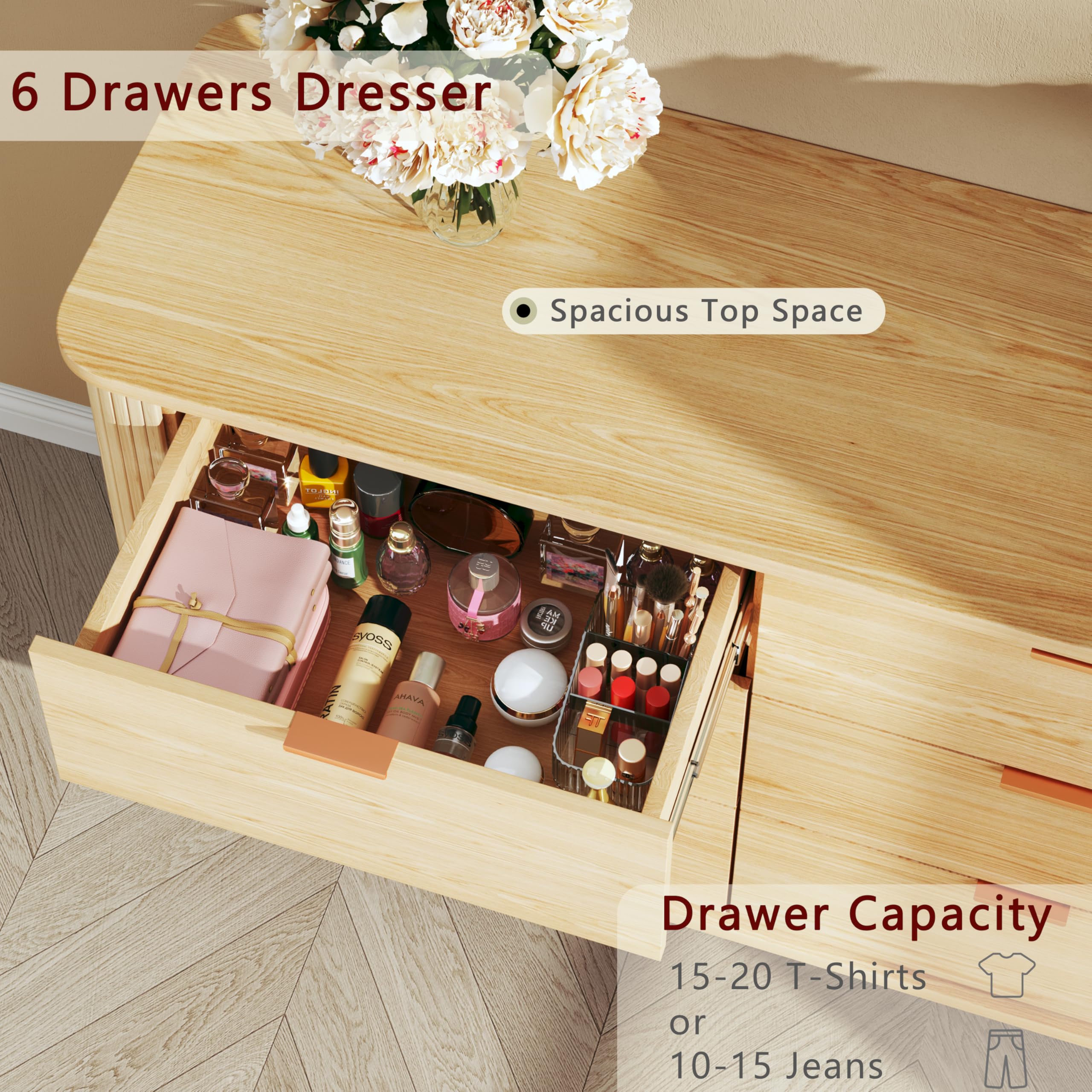 6 Drawer Dresser with Curved Profile and Fluted Design
